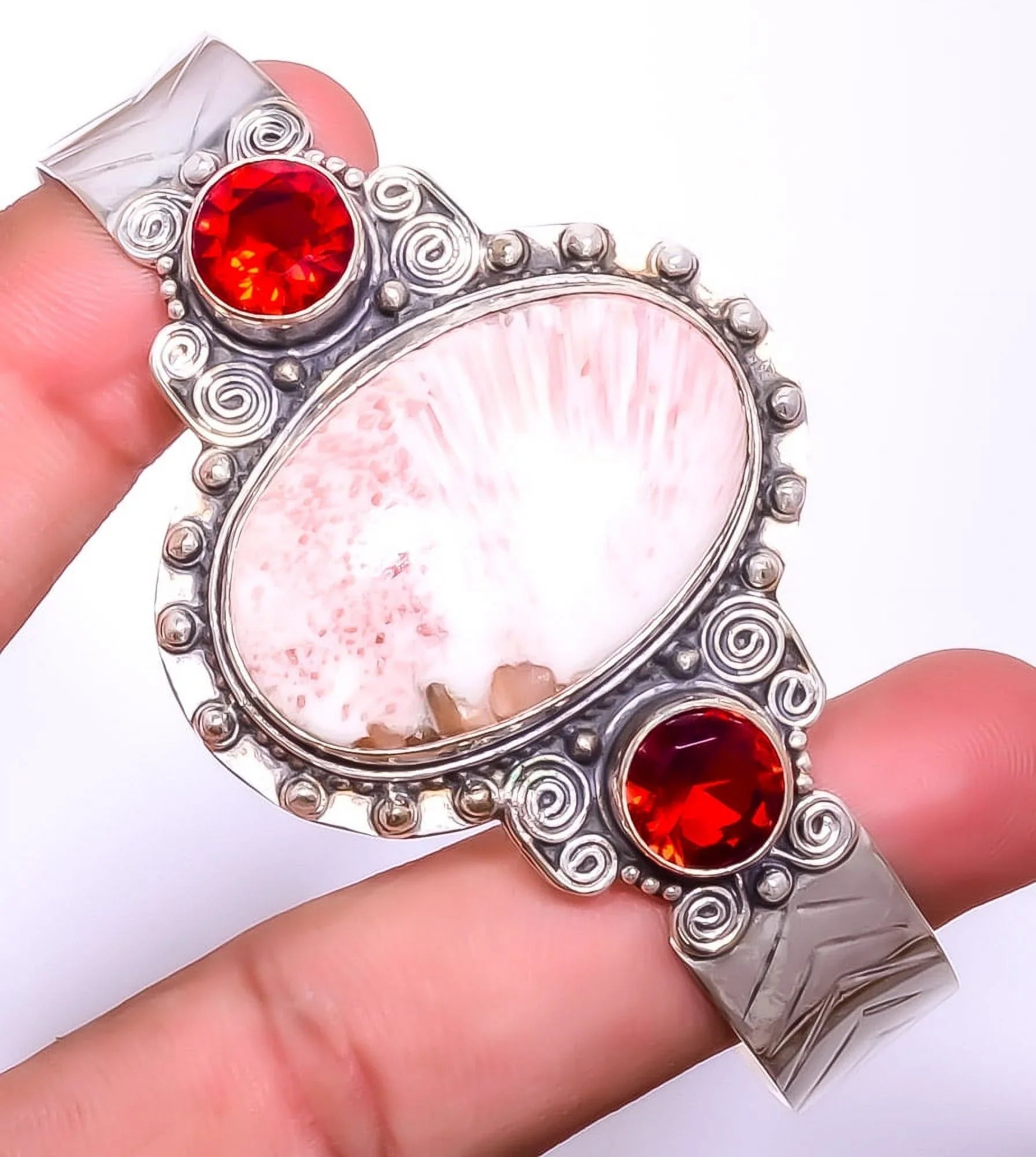 925 & - Day Scolecite Bali Birthday Silver Cuff Girls Garnet Beautiful Adst. & Plated Orange T919, Valentine's Gift, India For Woman Gift, Jewelry
