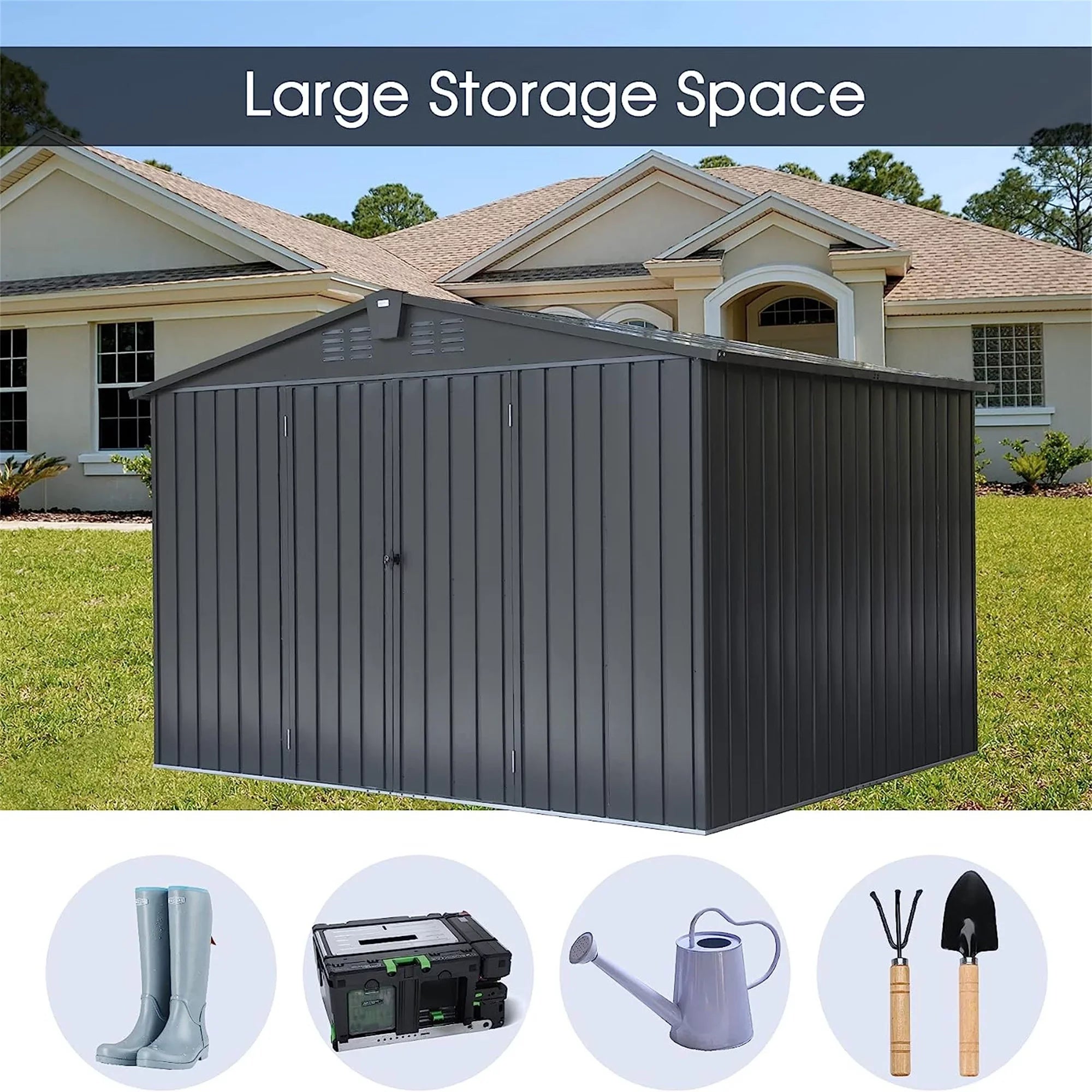Shed Garden Storage Trash Black) 10'X Door Cabinet Lawn Steel for Backyard, Outdoor Outdoor Storage Can, Tools, with Galvanized Patio, (10X8ft, Homiyad Shed for Lockable 8', Bike, Metal