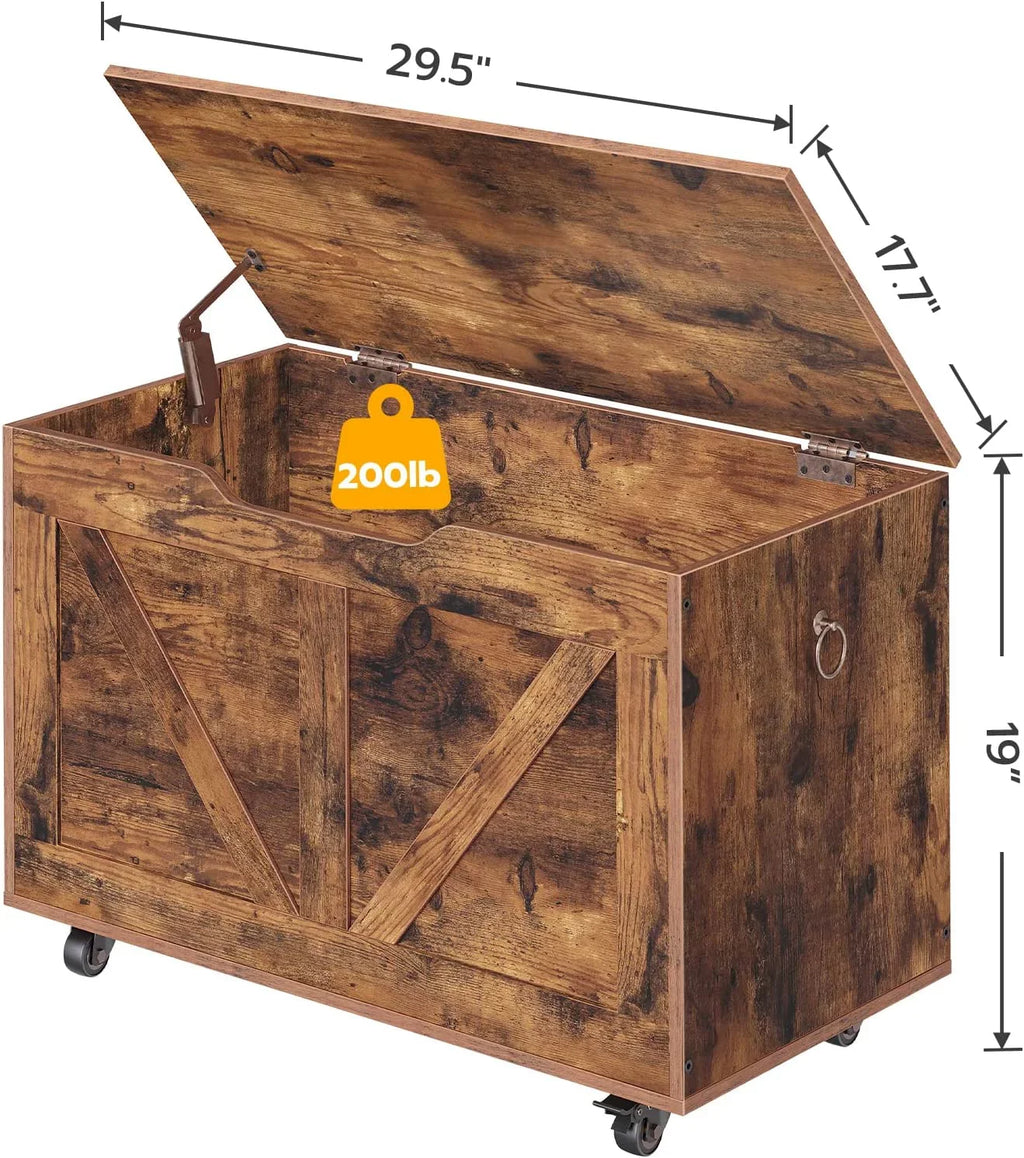 220 Rustic Trunk Brown Bench, Chest, Storage Wooden Hinge, Supports Shoe Opening, U-Shaped Easy Storage Sturdy FG74CW01 Wheels, Movable, Bench Bench, lb, Entryway Assembly, Storage on Safety