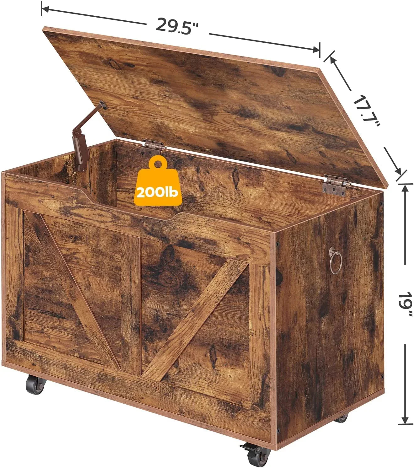 220 Rustic Trunk Brown Bench, Chest, Storage Wooden Hinge, Supports Shoe Opening, U-Shaped Easy Storage Sturdy FG74CW01 Wheels, Movable, Bench Bench, lb, Entryway Assembly, Storage on Safety