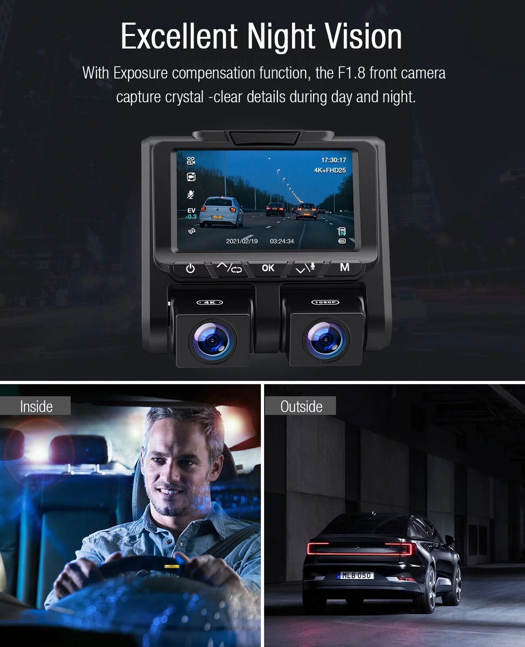 Camera Loop Screen 4K+1080P Mode Dash 3" and Recording G-Sensor 4K TOGUARD Parking Camera Inside Car Cam LCD Dash Front
