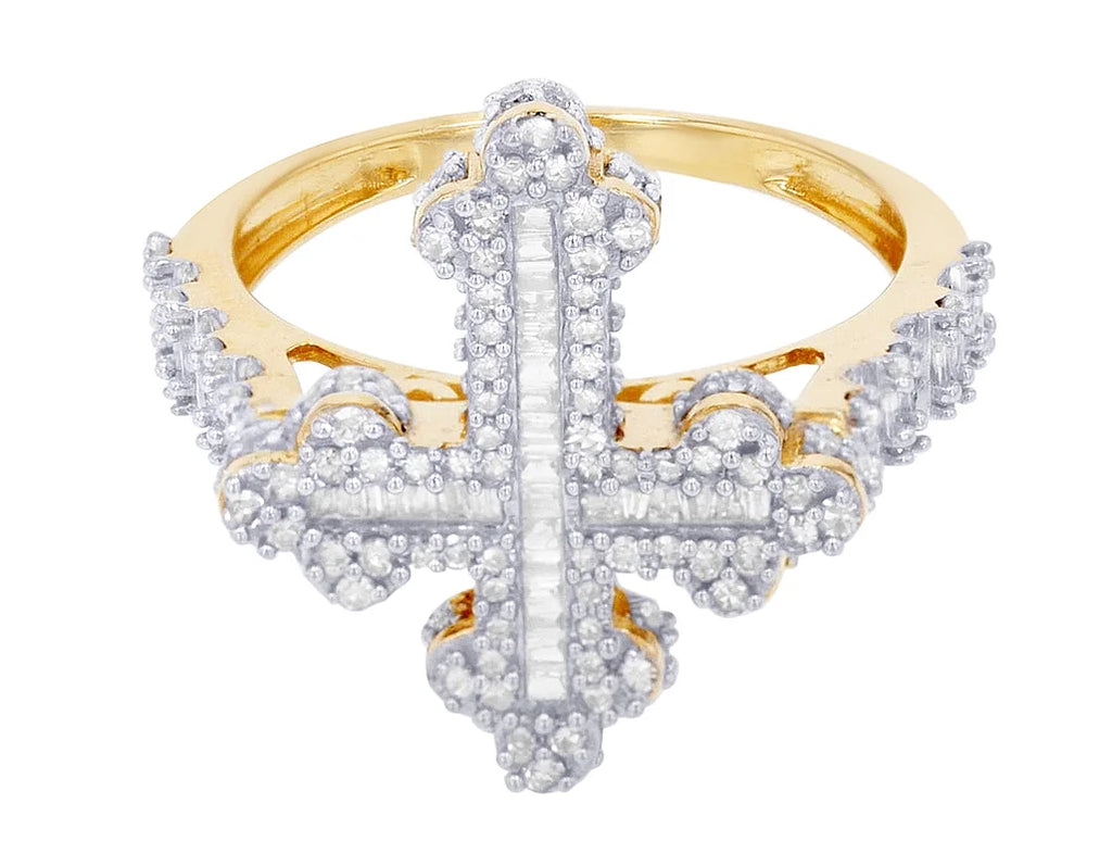 0.875 Ring 10K Baguette Yellow-White Gold Cross CT Diamond