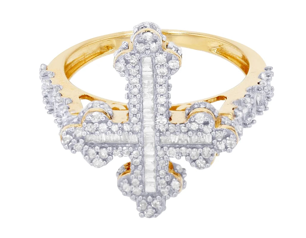 0.875 Ring 10K Baguette Yellow-White Gold Cross CT Diamond