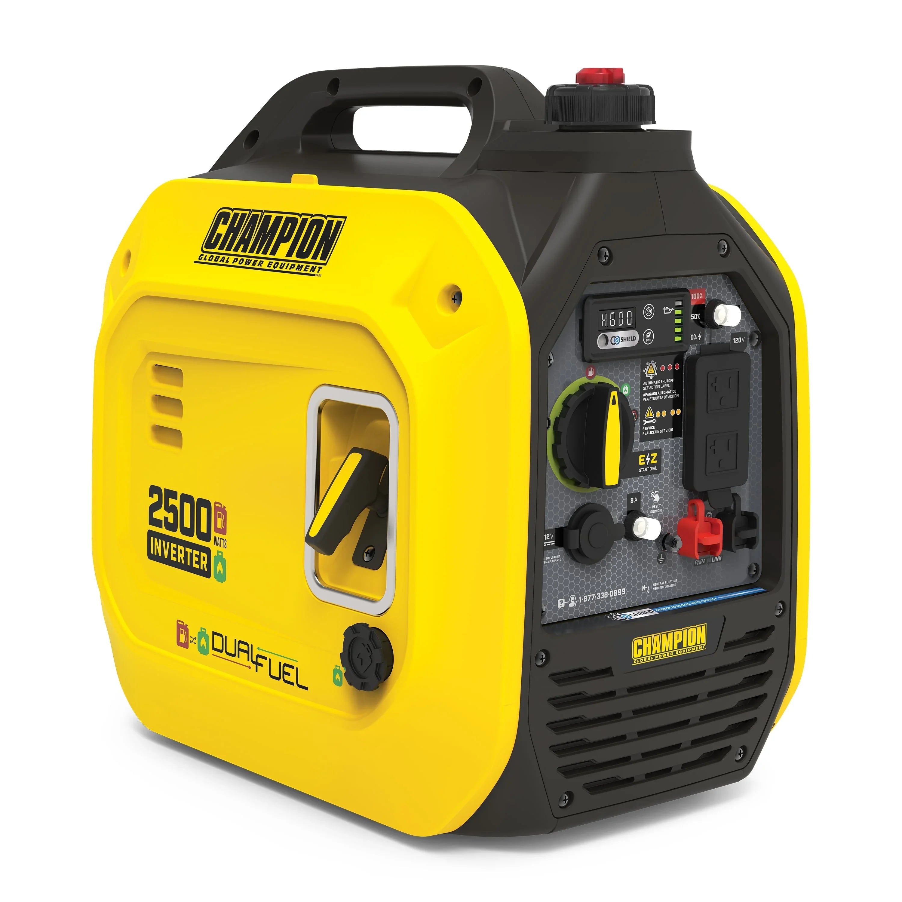 with Equipment Power Inverter 2500-Watt and Portable Generator Champion CO Quiet Technology Dual Fuel Shield