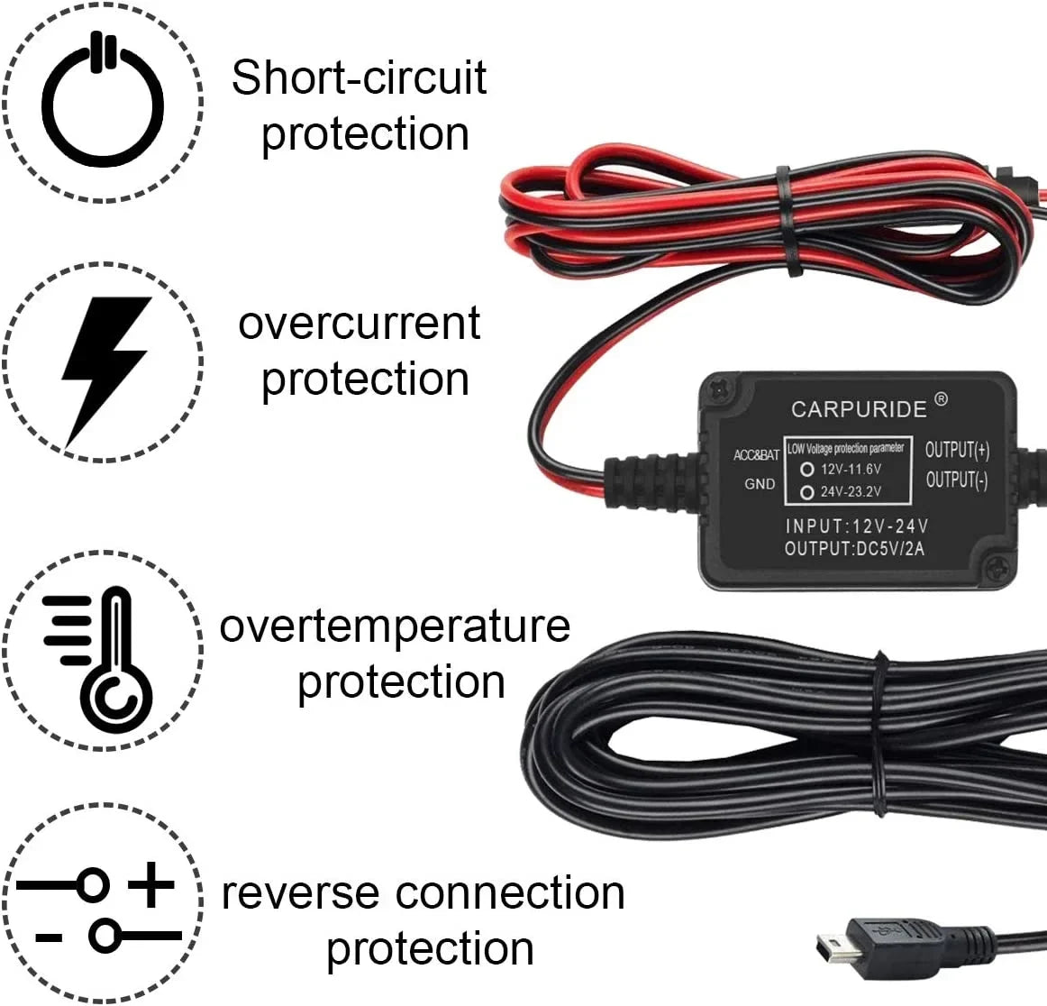 Fuse, Dash Charger Cable with 5V/2A Port, Hardwire to 12V kit Max Dash Low Camera USB 24V Mini DC Kit, Cam Car -