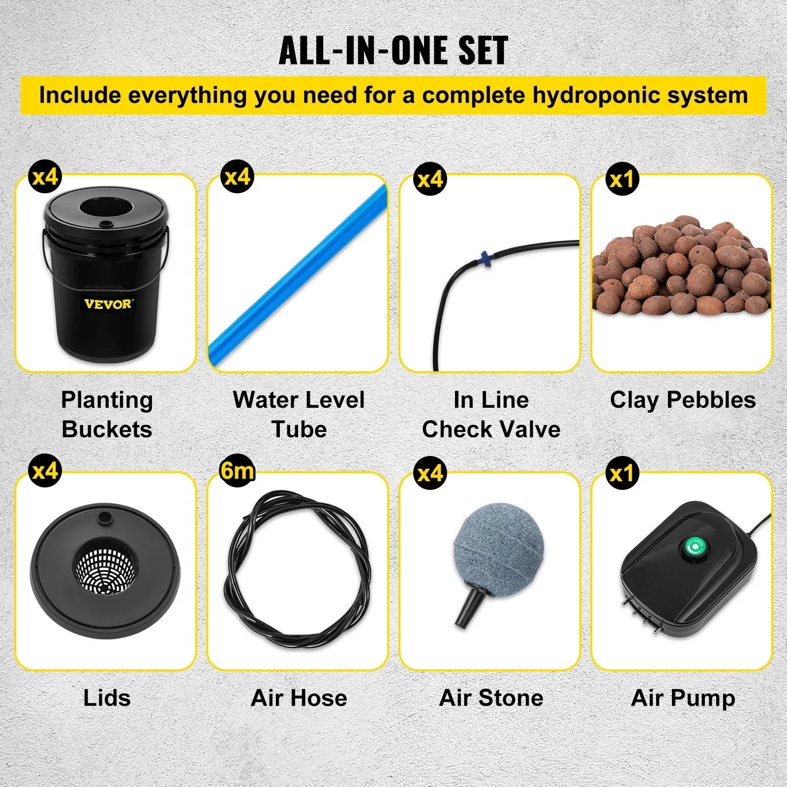 5-Gallon, Grow Pump, System VEVOR Stone & Hydroponic Vegetables Water DWC Indicator Indoor/Outdoor Kit, 4-Bucket Level Air with for Leafy