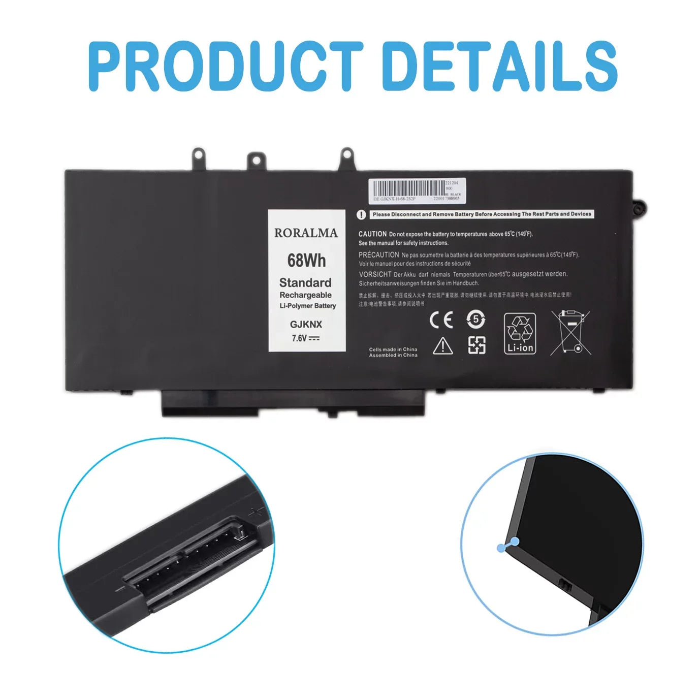 451-BBZG 15 5YHR4 68Wh E5490 Dell Series Battery GD1JP E5590, Laptop DY9NT 5495 Precision 5591 Notebook 5491 5480 5490 Dell E5580 5488 for GJKNX 3530 5580 5590 5280 E5480 5288 Latitude 3520