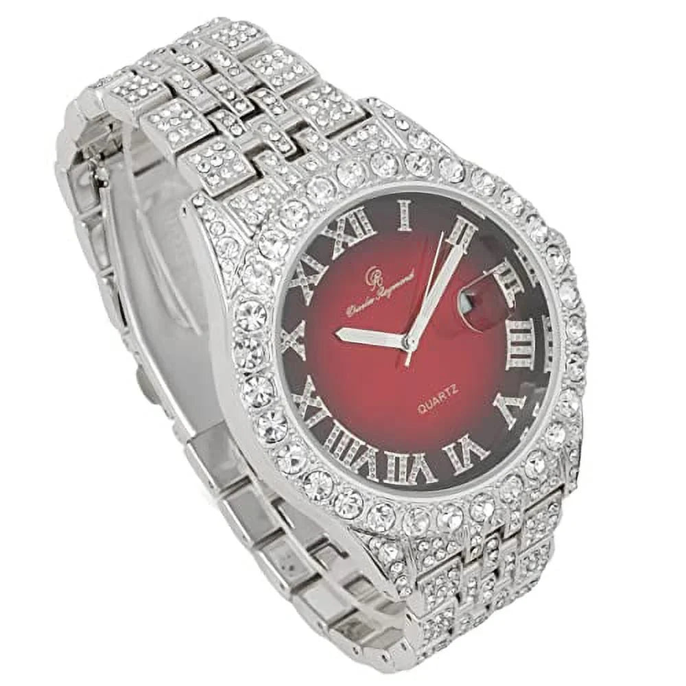Date Hip Fully Read w/Easy ST0226RND Big RED Cuban Blinged Hop Dials- Rocks - Silver w/Roman Watch Out Numerals Raymond Timepiece Iced Mens Designer Colorful Out and Charles