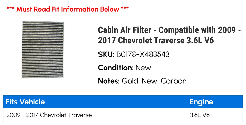 2017 Traverse Air 2016 3.6L Filter - with 2012 Compatible - 2015 2011 Chevy Cabin 2009 2014 V6 2010 2013