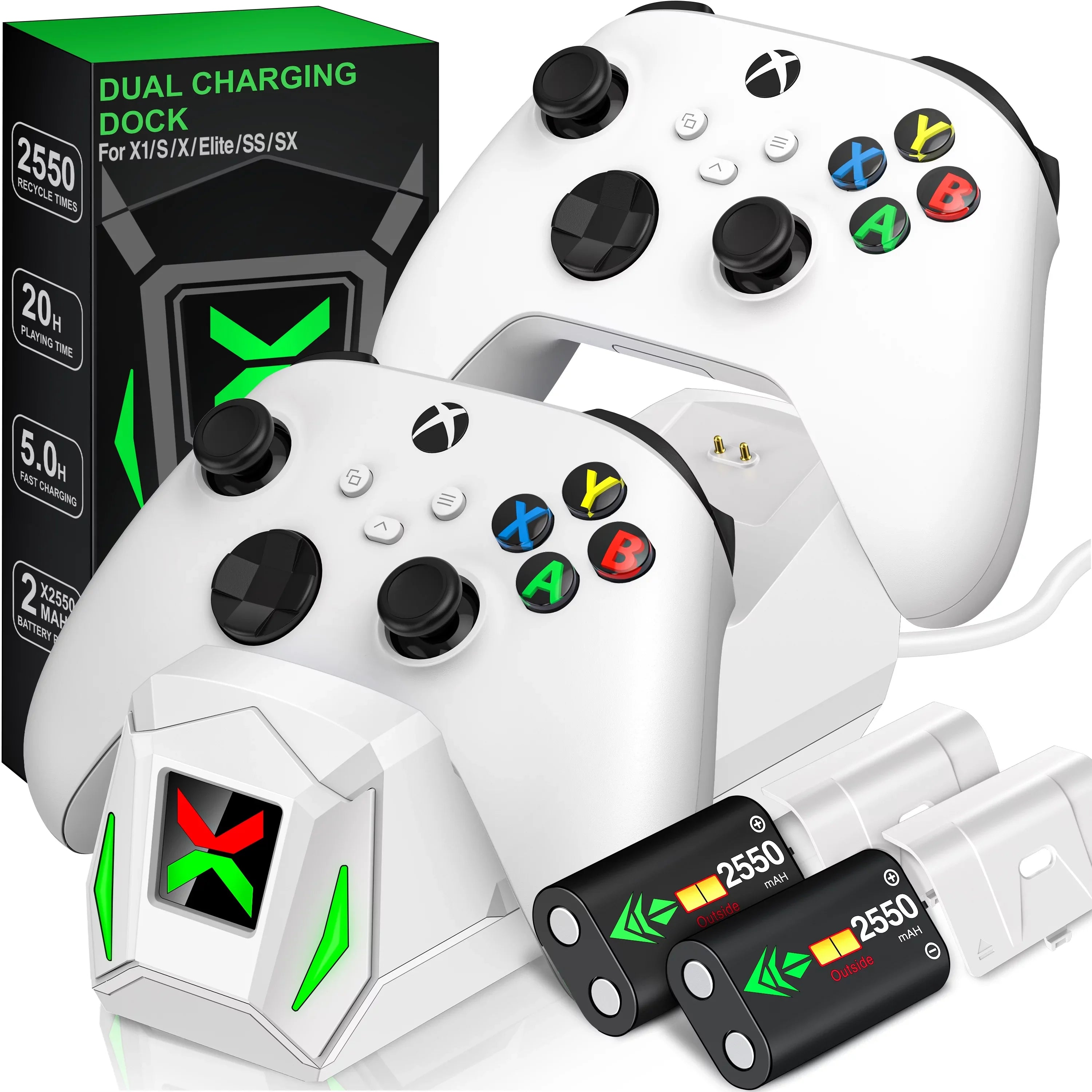 Xbox for Xbox X|S Station Dock Charger,Xbox Accessories-White Rechargeable Packs Controller with Controller Charging Battery One/Series 2x2550mAh