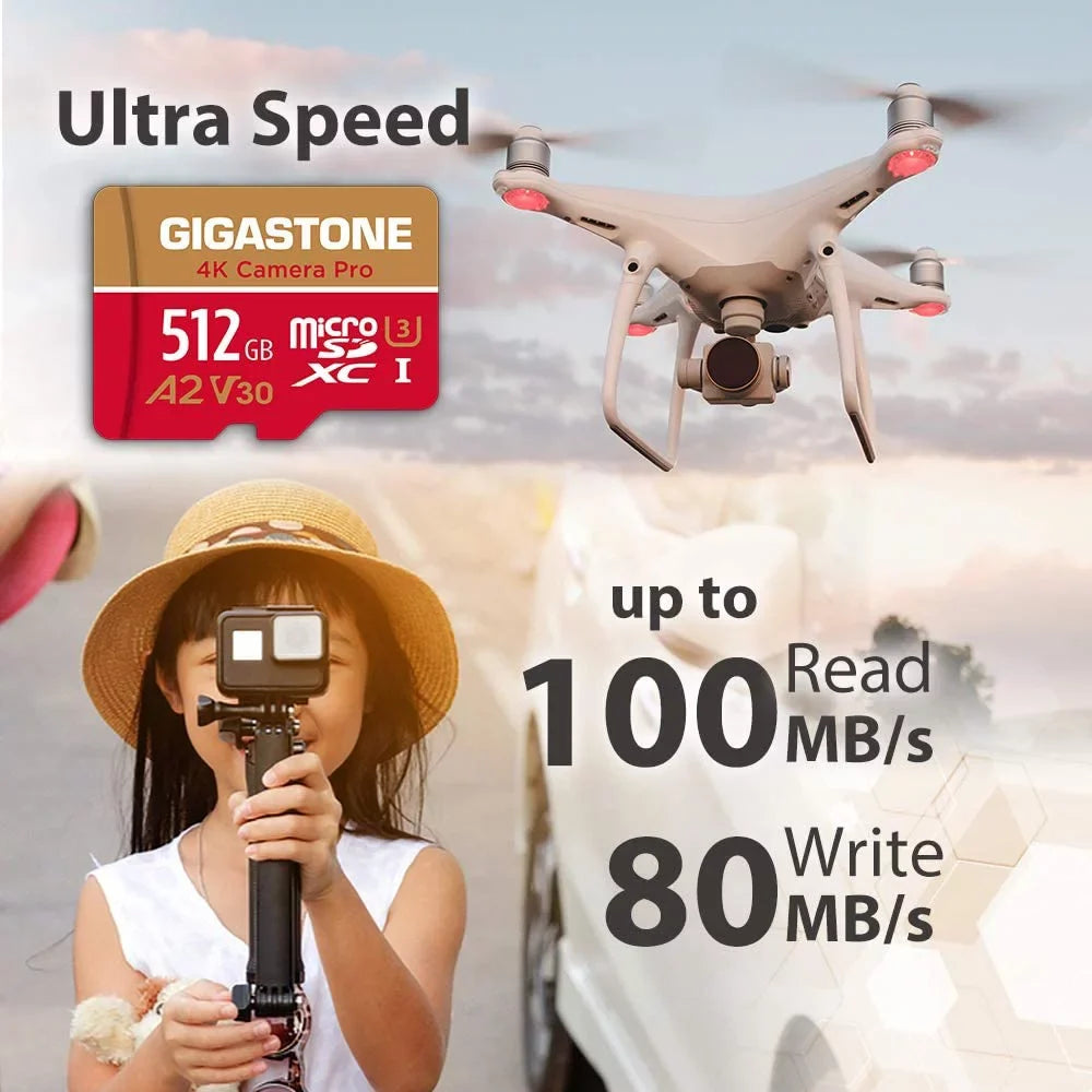 Micro 4K UHS-I up Micro Switch, R/W Nintendo Class A1 Pro, with 512GB MB/s, Gigastone compatible V30 SDXC 10 Card, GoPro Recording, 4K Cameras, Cam, 100/60 SD Video Dash to Camera
