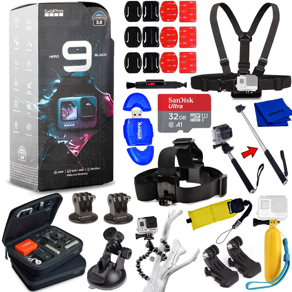 KIT with Chest Strap, Selfie More Tripod, HERO9 and ACCESSORY 32GB, PRO 3-Way Camcorder SanDisk All Case, Much Head and Medium 4K Waterproof GoPro 1 Stick In Black