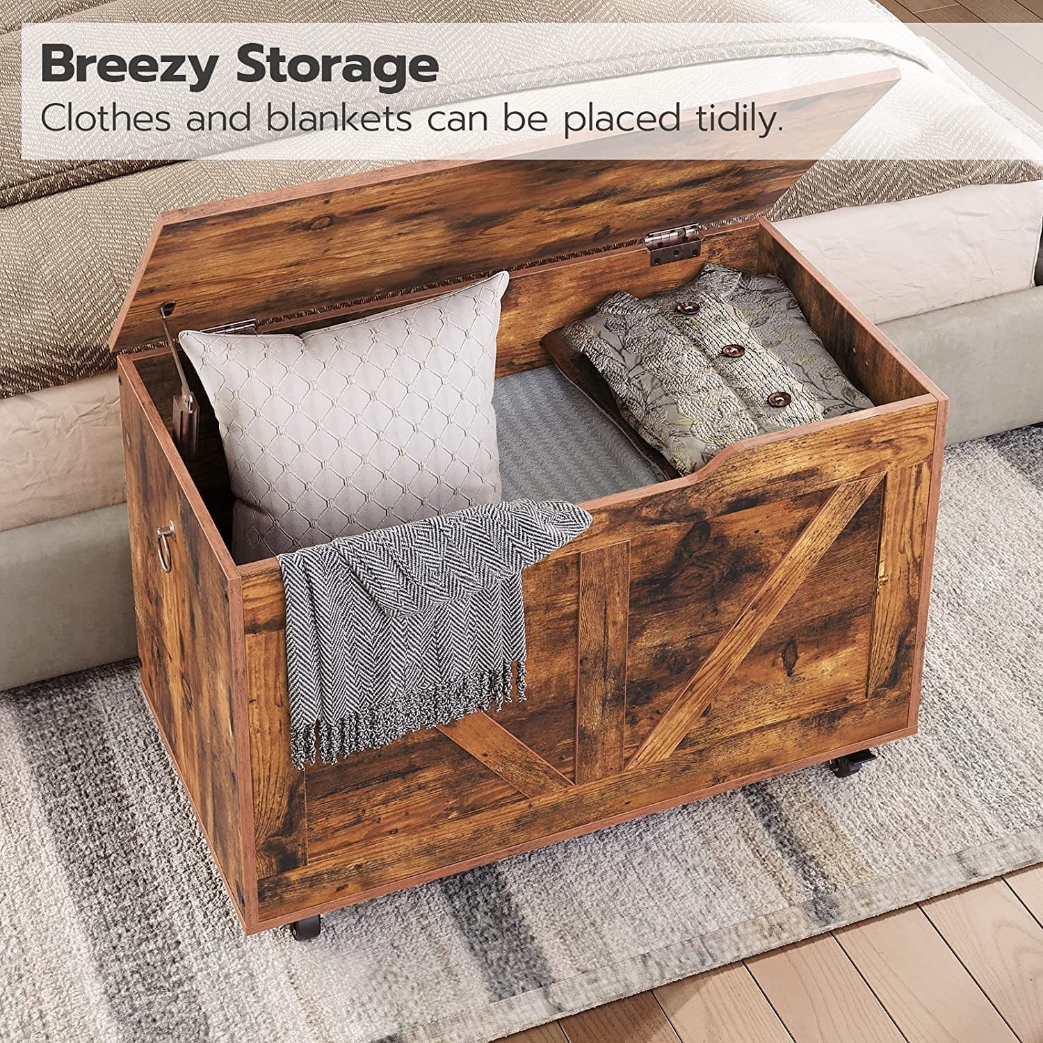 220 Rustic Trunk Brown Bench, Chest, Storage Wooden Hinge, Supports Shoe Opening, U-Shaped Easy Storage Sturdy FG74CW01 Wheels, Movable, Bench Bench, lb, Entryway Assembly, Storage on Safety