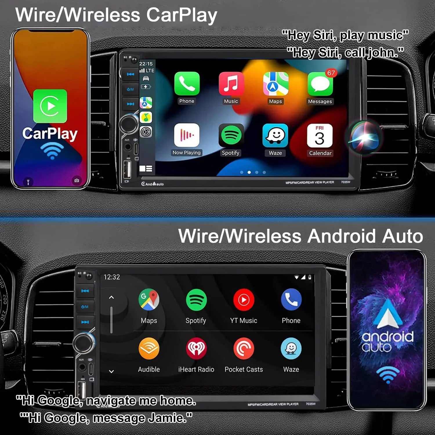 Car Link,Backup Alondy Audio Voice Wireless SD Touchscreen,Mirror AUX CarPlay/Android Stereo,Compatible Auto,Type-C FM with Control,External Receiver Din Double USB,7" DSP Mic Camera,Bluetooth Radio
