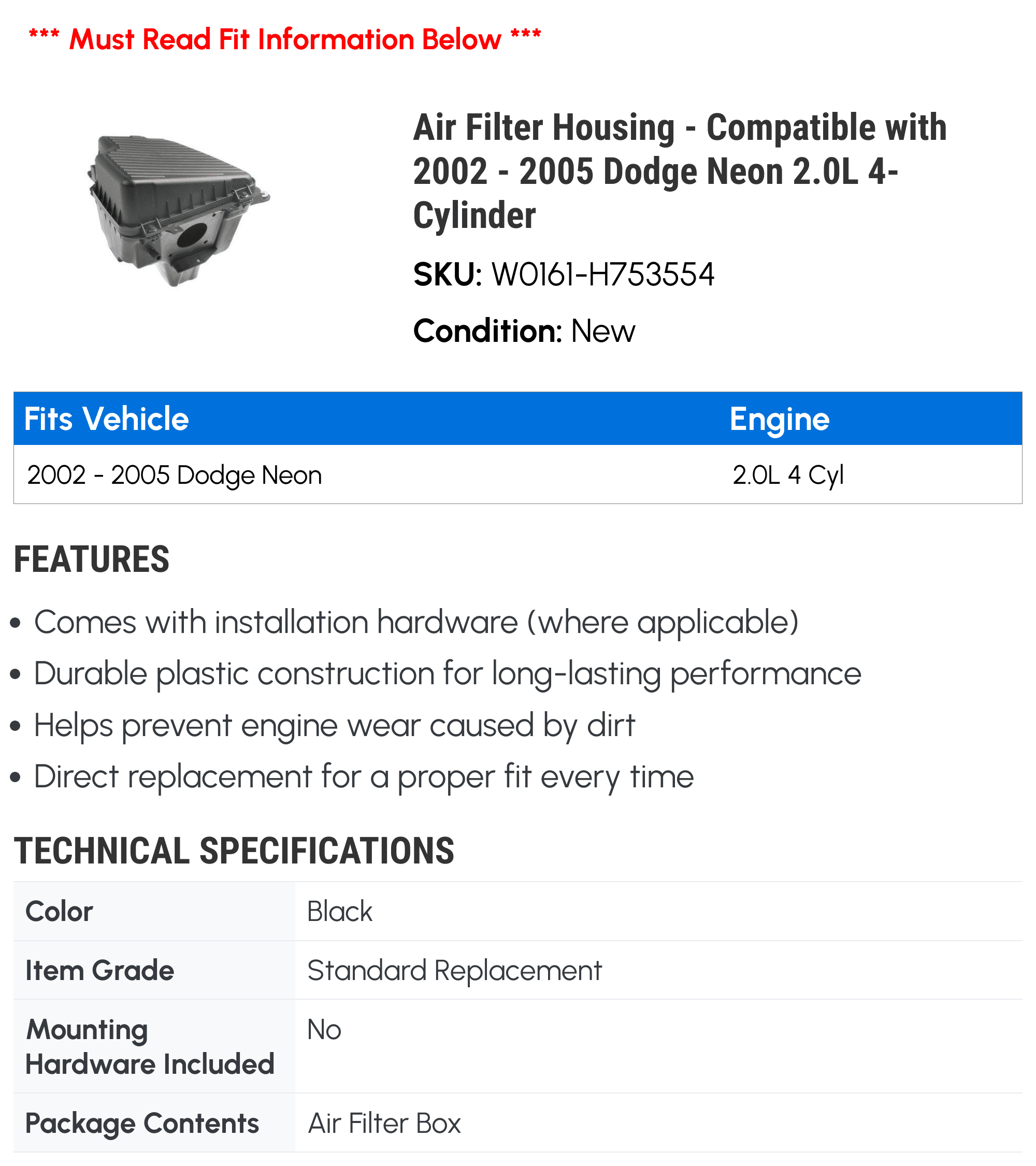 2005 2.0L - Compatible 2003 Housing with Filter - 2002 Dodge Neon Air 2004 4-Cylinder