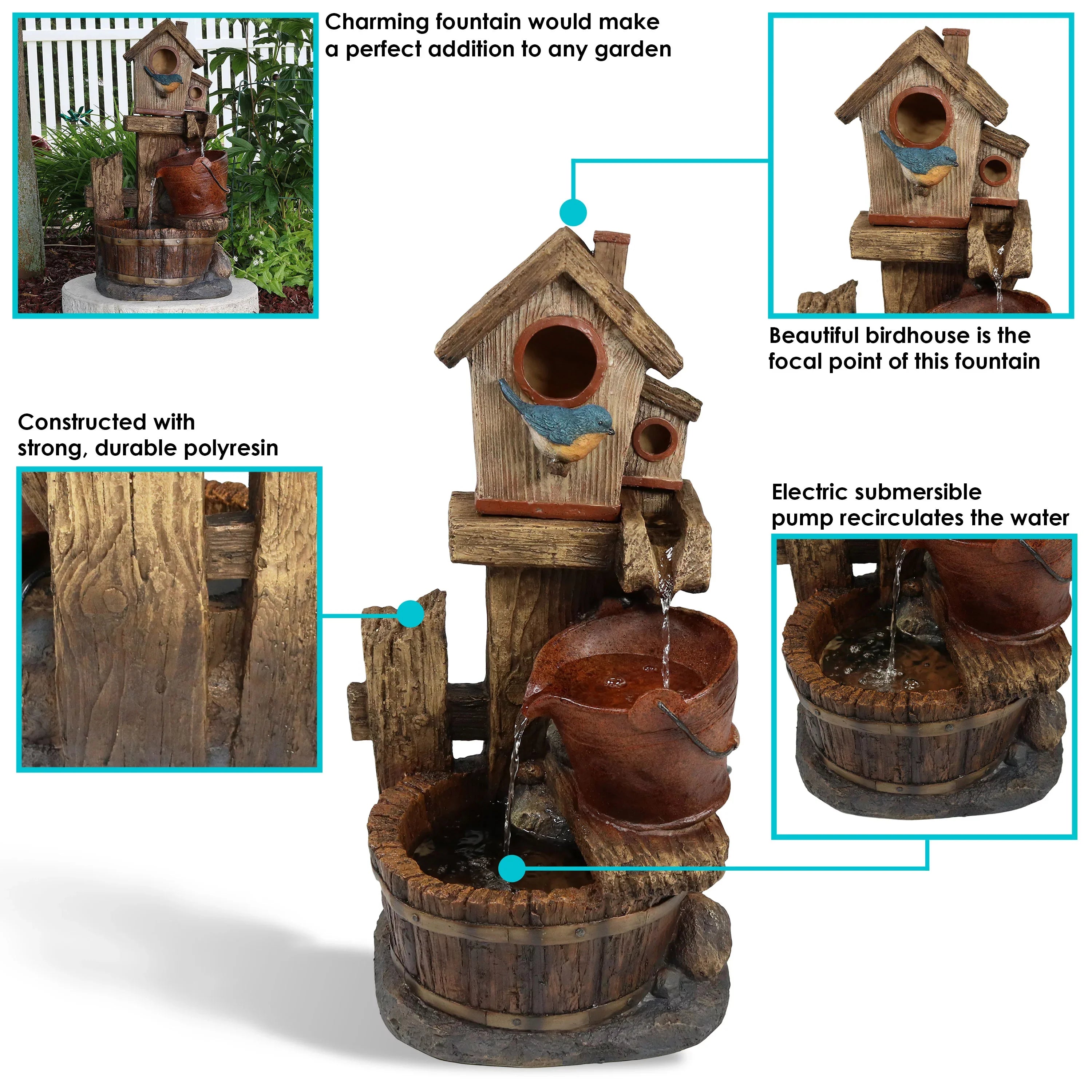 '- and House 26" Sunnydaze Buckets Outdoor Bluebird Fountain