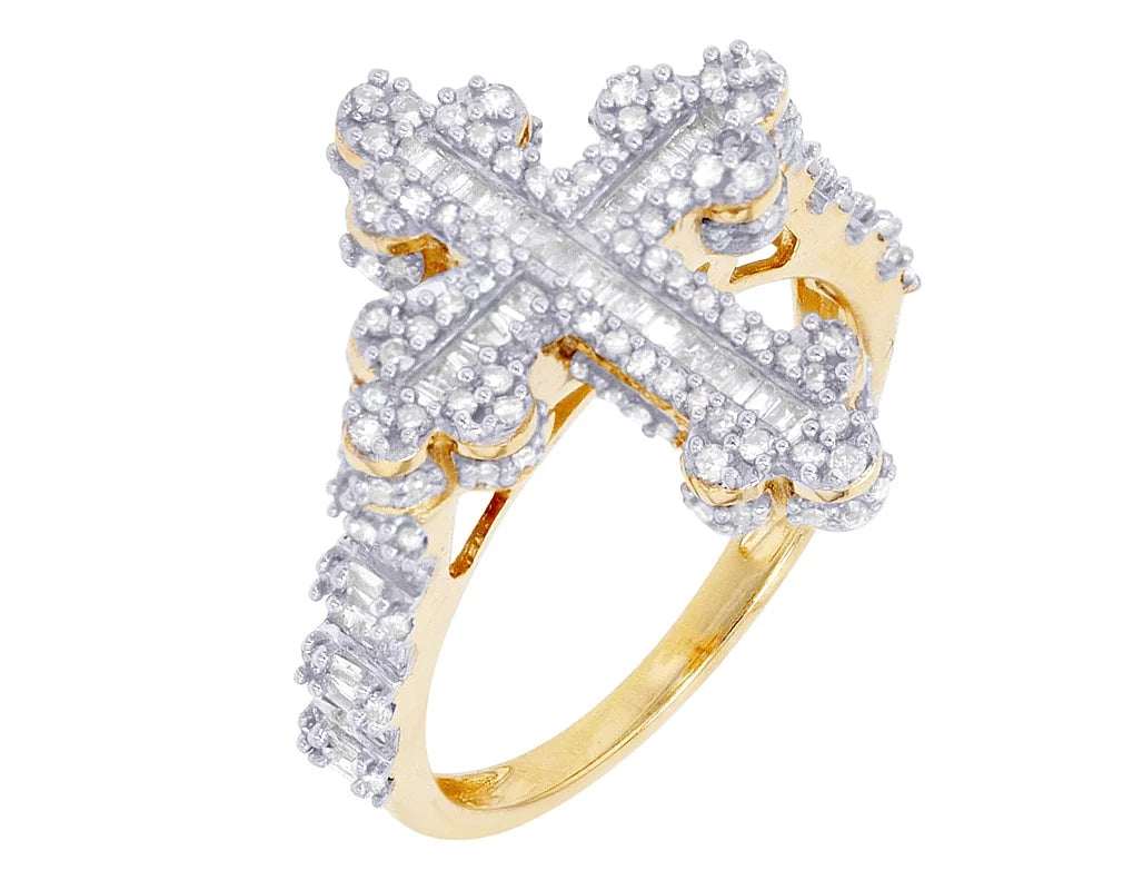 0.875 Ring 10K Baguette Yellow-White Gold Cross CT Diamond