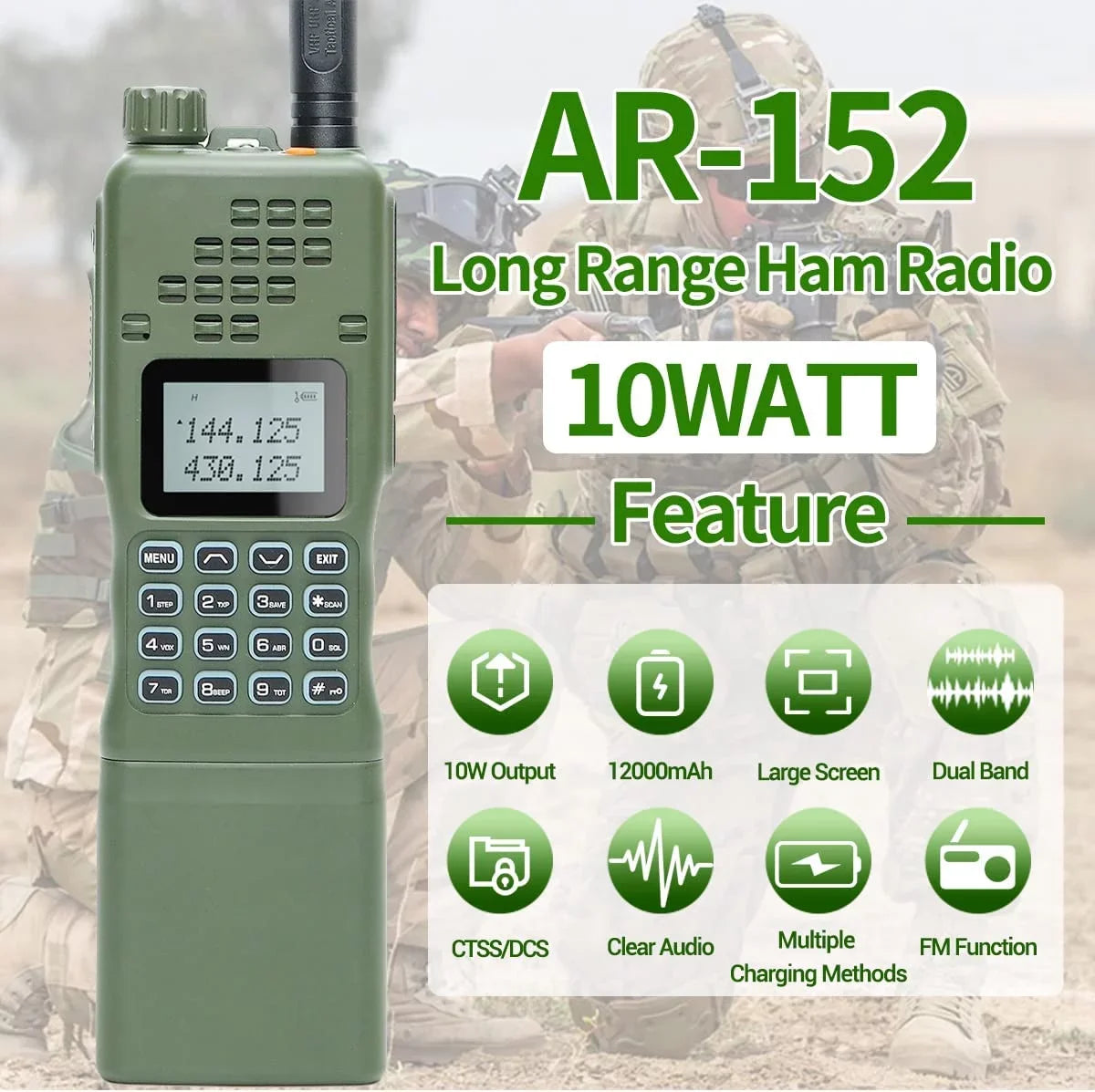 Talkie Battery Walkie AR-152 Programming Ham Radio Way 12000mAh Radio Long Powerful Extra Cable with Portable Two Tactical Range ABBREE Full 10W Kits