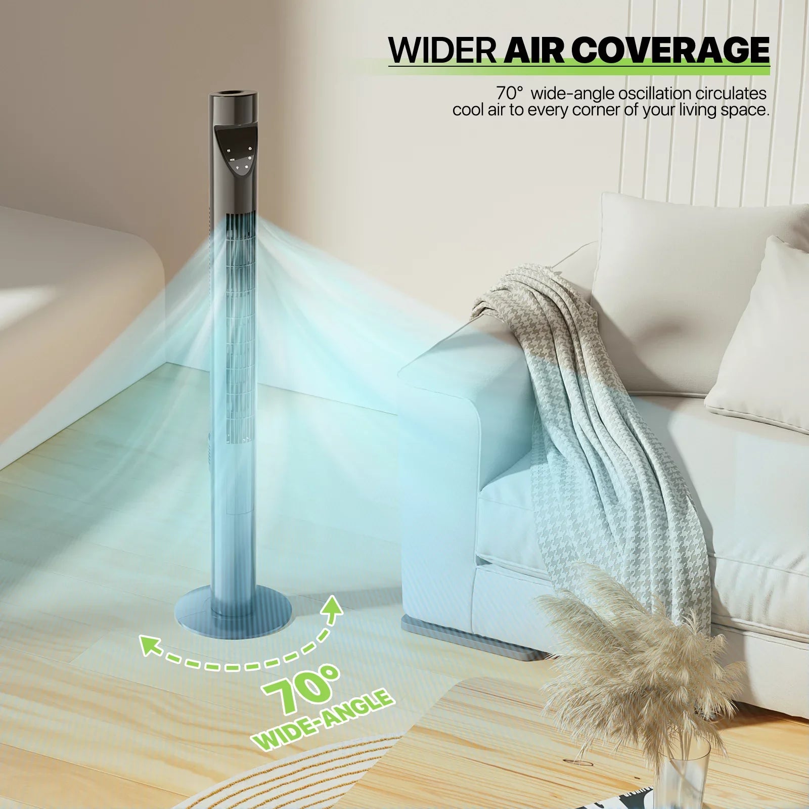 Noise LED Bladeless w/Remote 3-Speeds & 47"Oscillating Tower USA Fan Fan Low