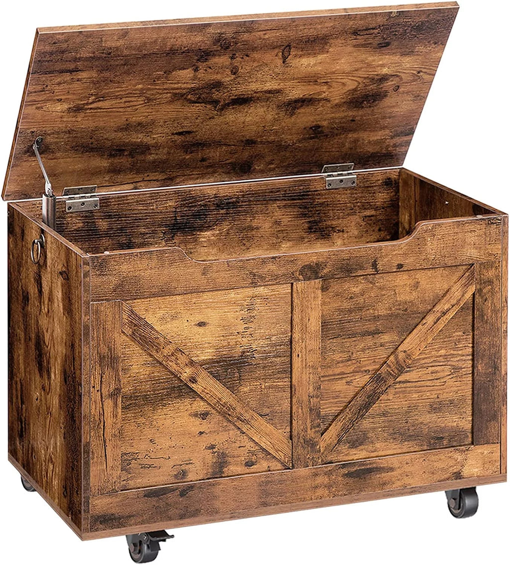 220 Rustic Trunk Brown Bench, Chest, Storage Wooden Hinge, Supports Shoe Opening, U-Shaped Easy Storage Sturdy FG74CW01 Wheels, Movable, Bench Bench, lb, Entryway Assembly, Storage on Safety