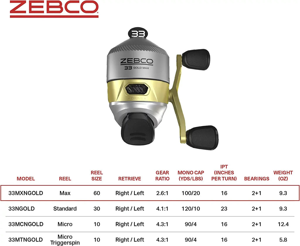 Frame Graphite 2.6:1 and Drag, Powerful Fishing Zebco Reel, Spincast Ratio with Smooth 2+1 and MAX Gear Bearings a Lightweight Silver/Gold Dial-Adjustable a and Gold Anti-Reverse, MicroFine 33 Instant