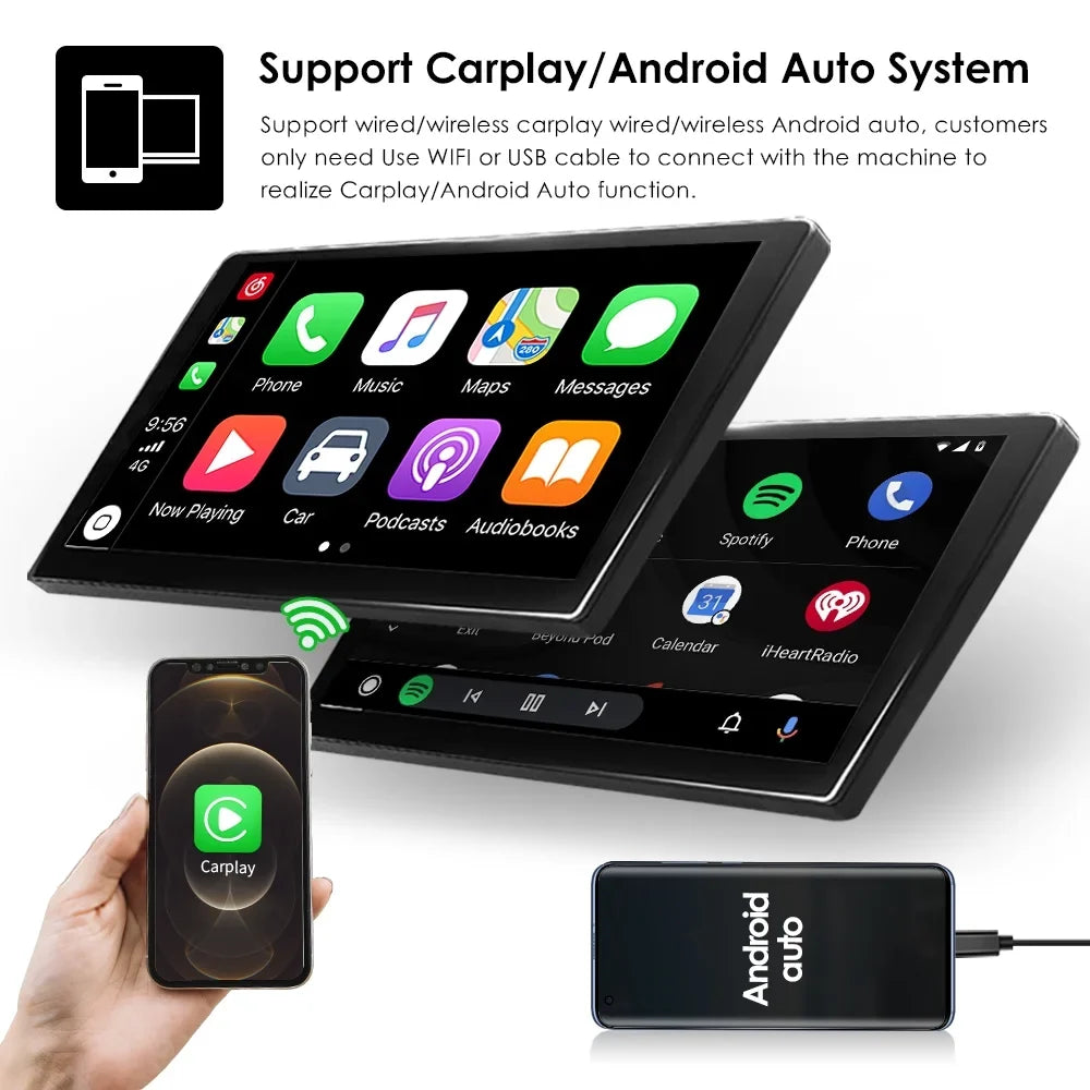 1 Auto Carplay& 10.1'' Hizpo Navigation Single Radio Rotatable Car Android Stereo Screen Bluetooth With GPS Wifi Touch Android Apple DIN 10