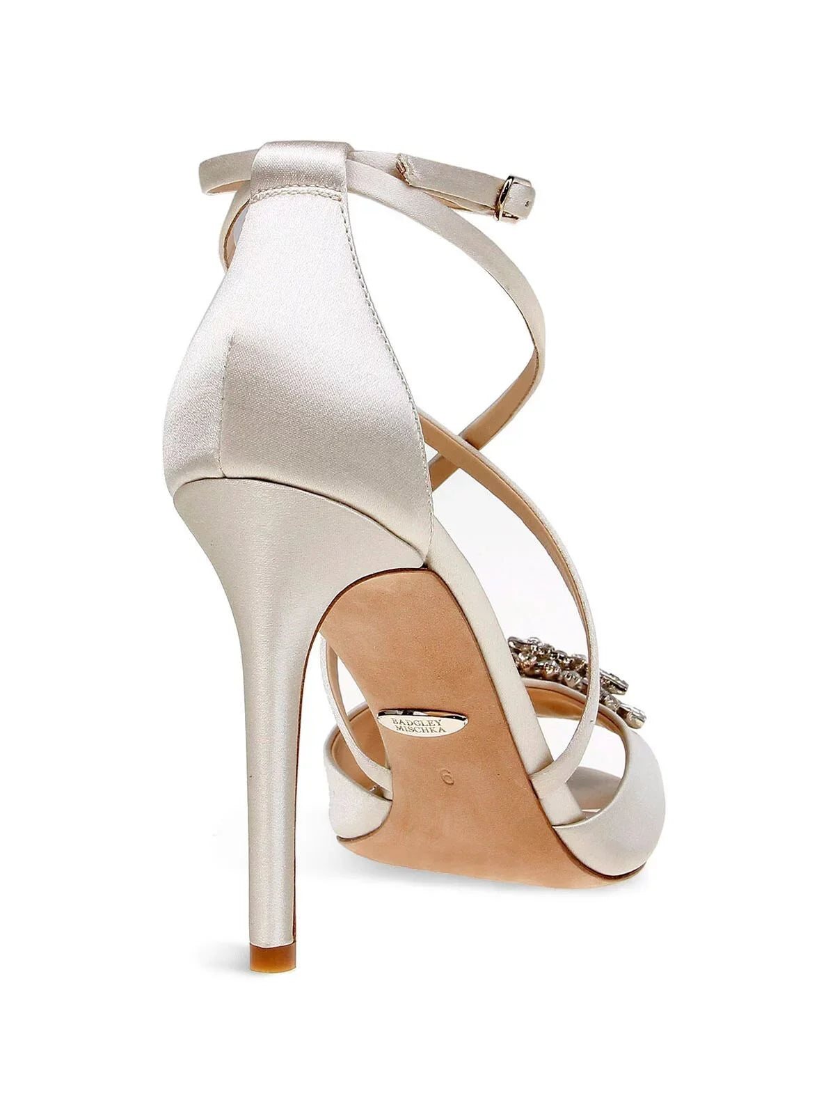 Ankle Tatum Dress Sandal 10 Stiletto Womens Footbed Strap Buckle BADGLEY Gladiator Embellished MISCHKA Cushioned Dustbag Heeled Beige Ivory Toe Satin Open