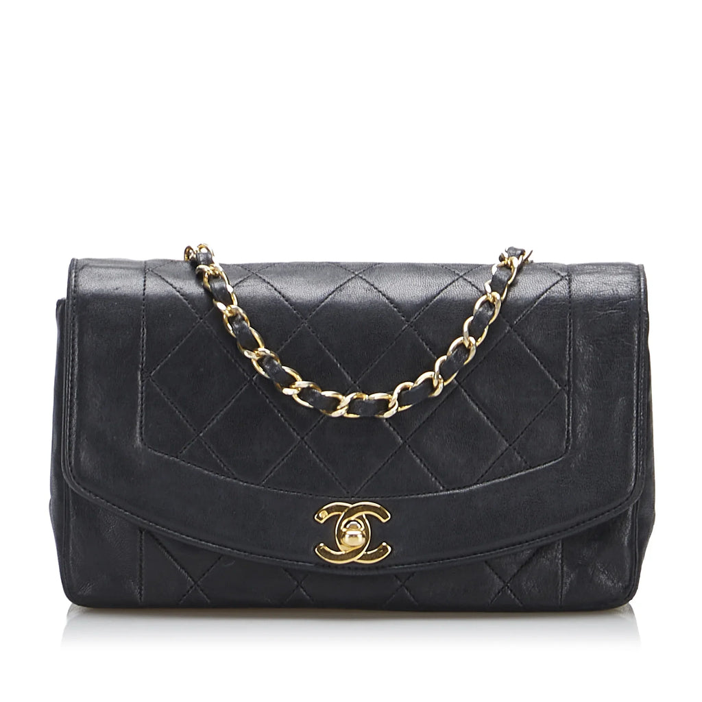 Pre-Owned Lambskin Unisex Authenticated Flap Chanel Diana Crossbody Small (Good) Black Leather Bag