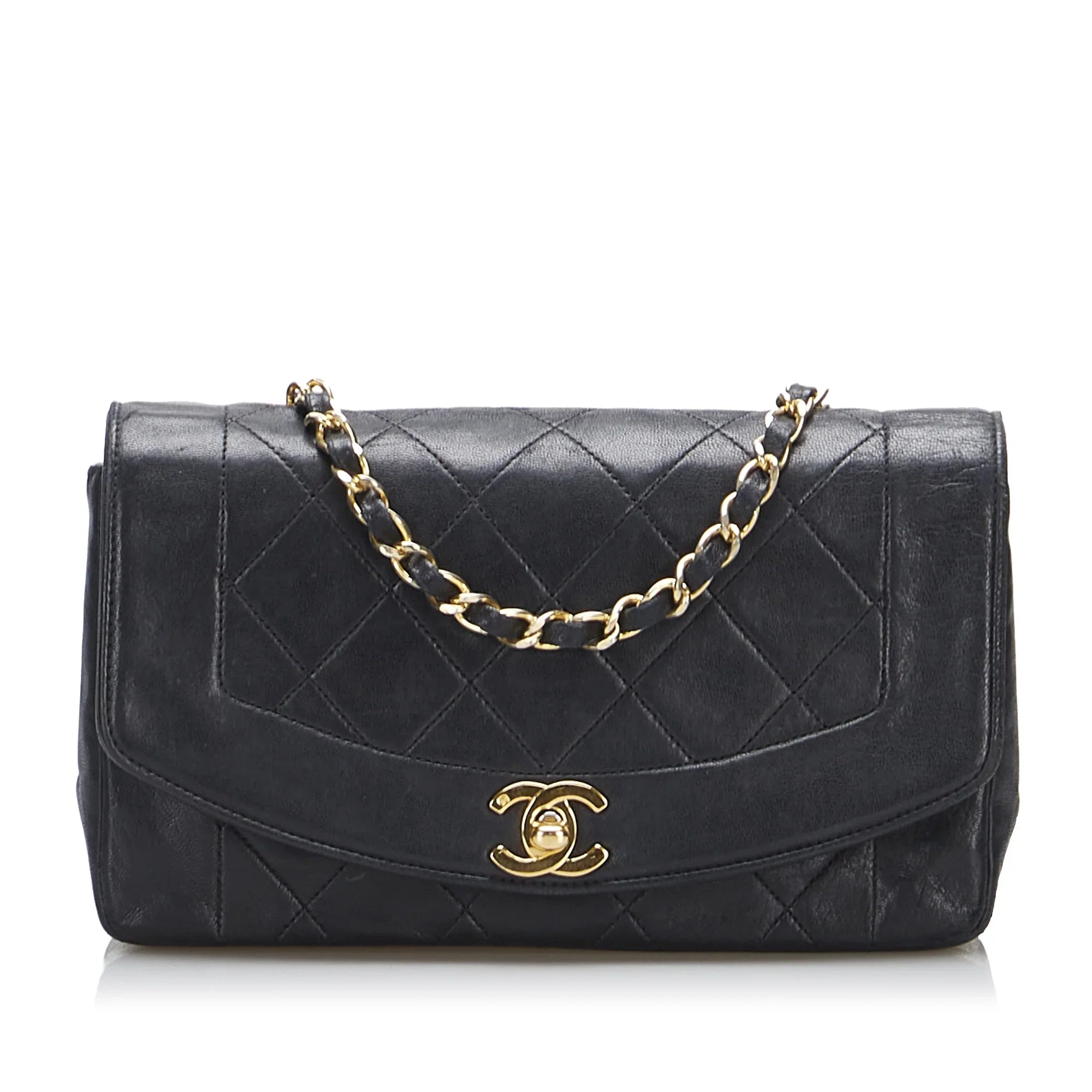 Pre-Owned Lambskin Unisex Authenticated Flap Chanel Diana Crossbody Small (Good) Black Leather Bag