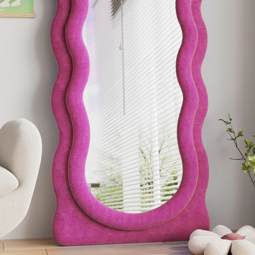Wavy Mirror Wall Bedroom Mirror 63"x24" Stand, for Mounted with Full Floor Freestanding (Pink) Length Mirror, VLUSH