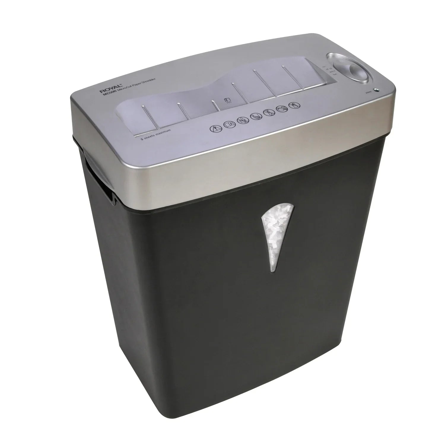 for Pass - Black, - gal 5 Shred Silver Capacity Credit - - Per 4 MC500 x shredding - Card Size - Royal Paper Wastebin Paper, Cut 0.394" 0.157" Micro Shredder