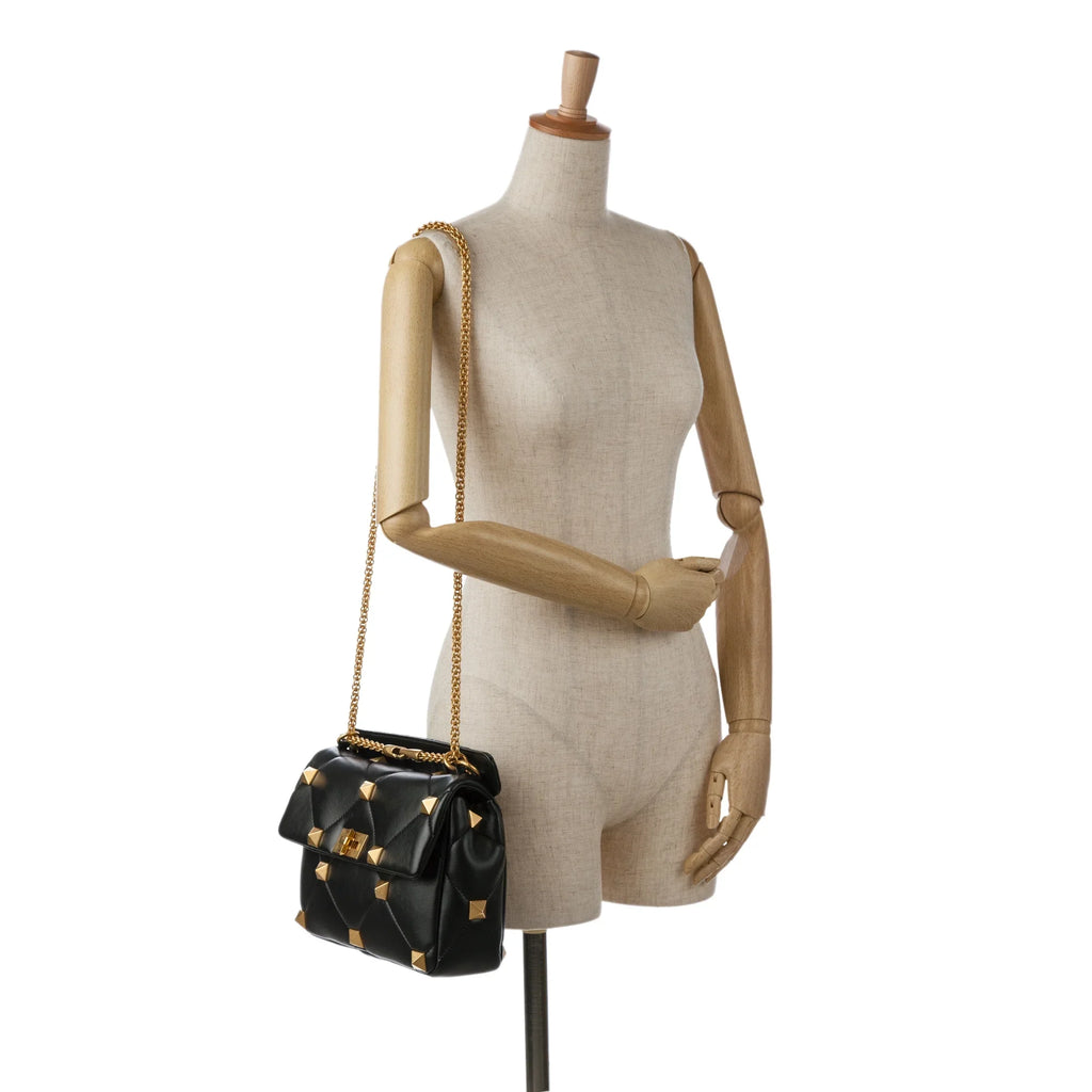 Medium Calf Stud Pre-Owned Satchel Unisex (Good) Black Authenticated Roman Valentino Leather