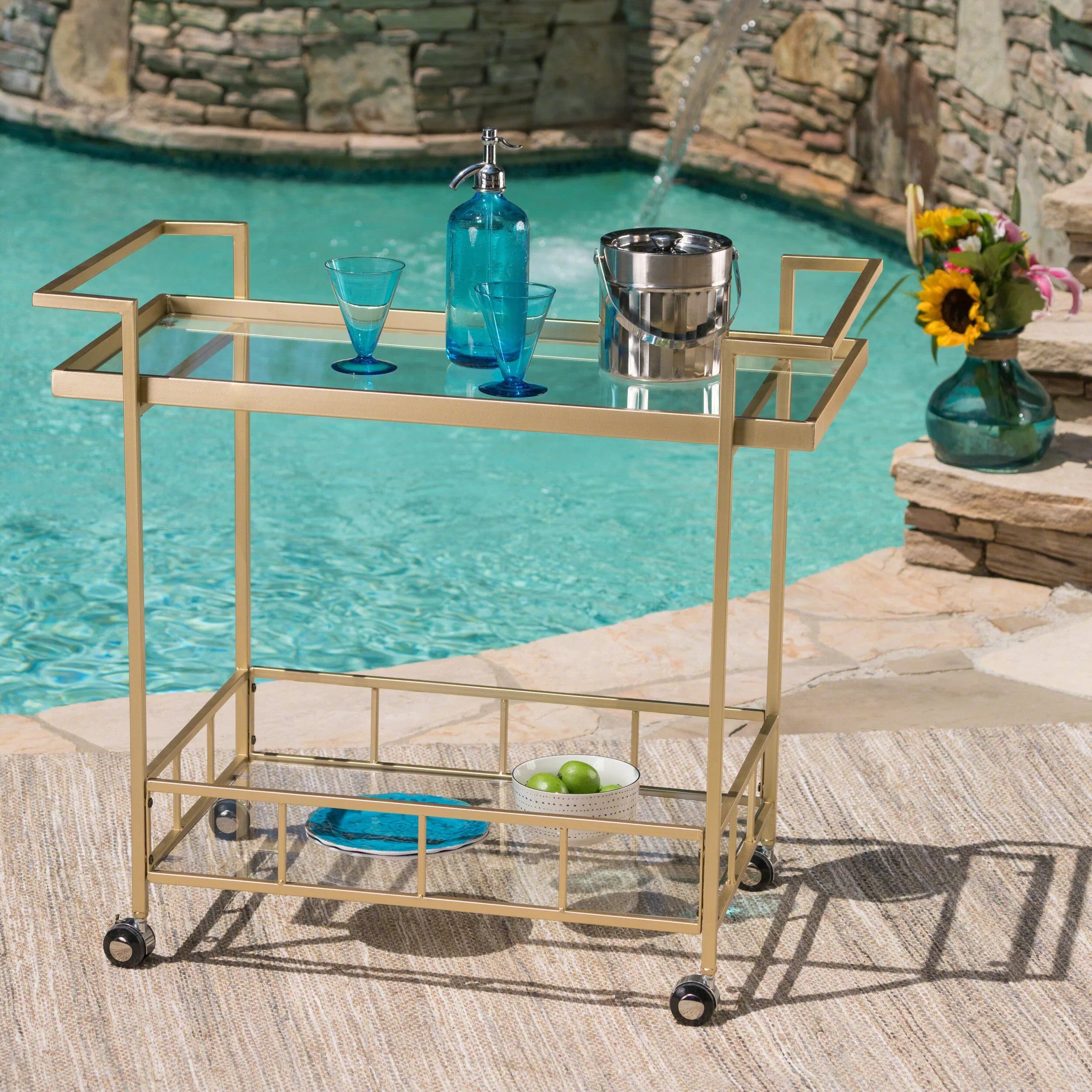 Bar Iron Aletta Industrial Gold Glass and Cart,