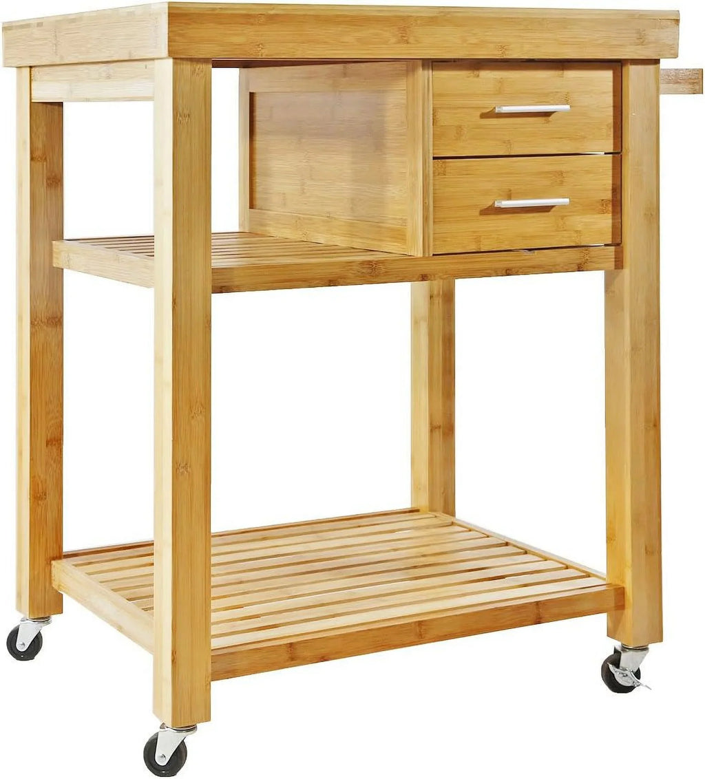 Shelves, Trolley Prepping Kitchen Cart Wood Locking Drawers Butcher On Food Bamboo Rolling Rack, With Cart Wheels, Island Casters, Block Towel
