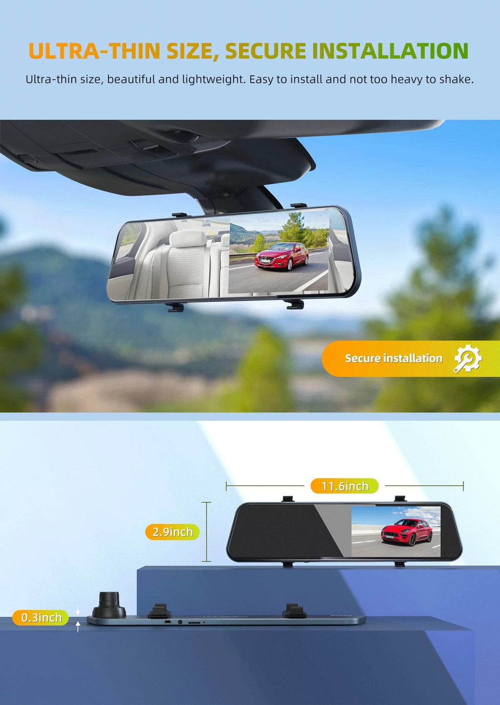 Full Lens with Front TOGUARD Backup Rear Camera HD Dual Rear 5" Camera Dash Waterproof Cam 1080P and