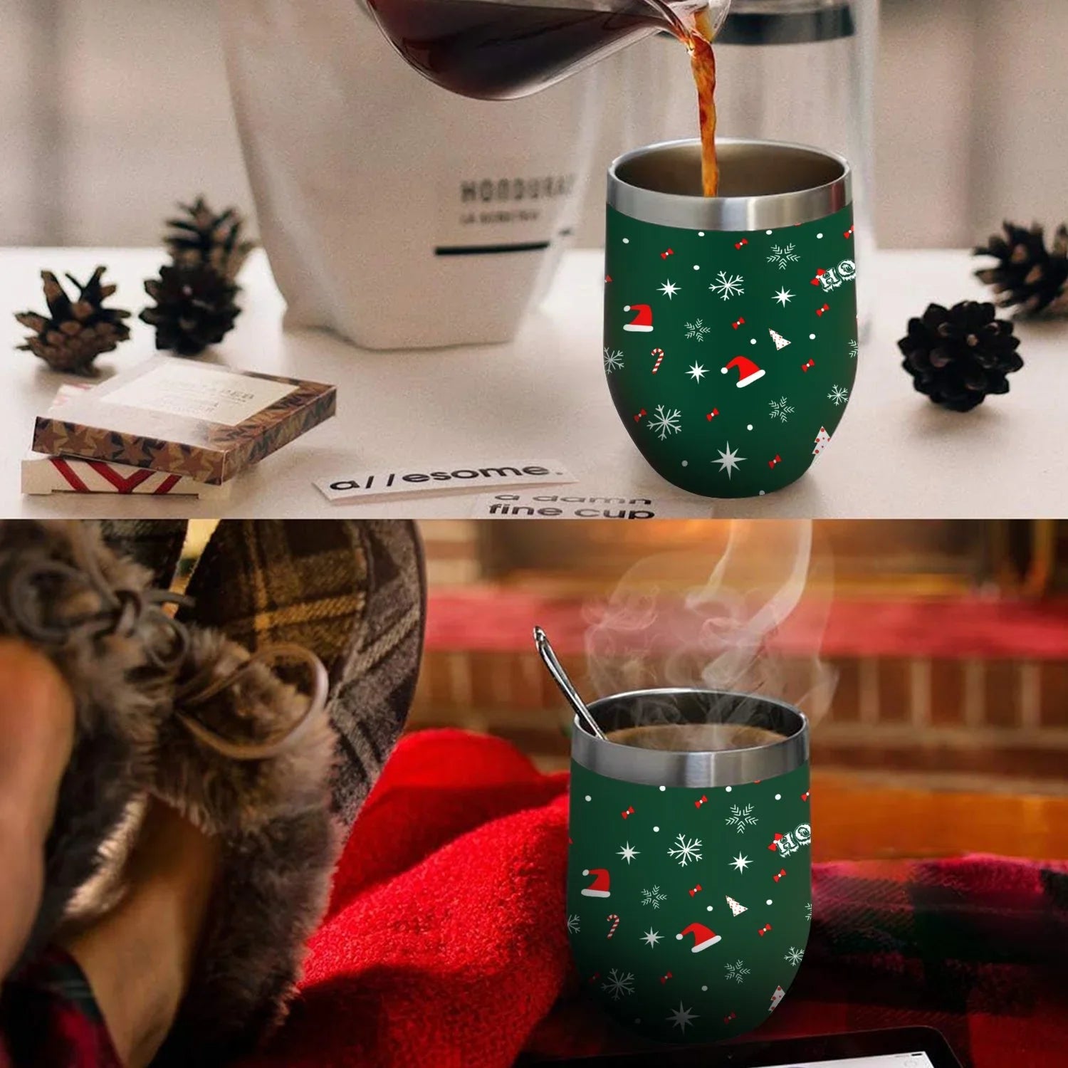 Eggshell Layer Cup Insulated Cup Tree Double Cups Wine Vacuum Tumbler Steel Hidove with Christmas Cups, with and Red Shape Insulation 12oz Lid, Green Color Big Stainless Cup 304 Belly U