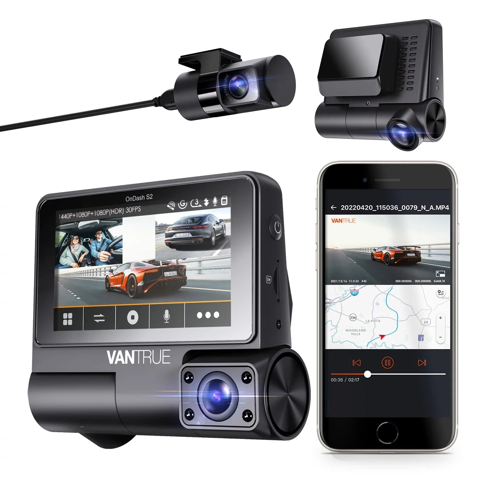 Screen Touchable IPS Monitor, 2K Cam, with Front+1080P 24h Channel 360° Car GPS Vantrue Interior Supercapacitor Dash Wide WiFi 30FPS built Rear 3 Camera in, inch Nearly +1080P S2 3 Angle, Parking