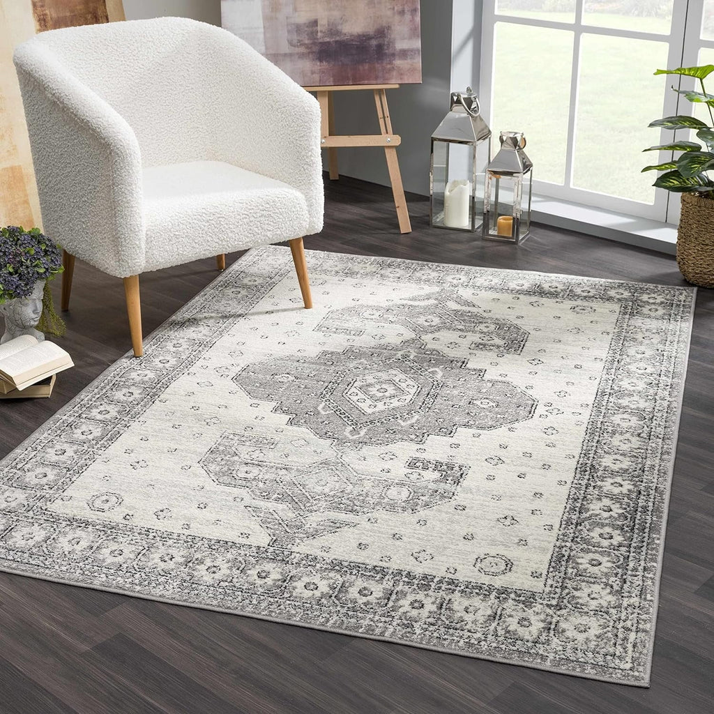 Persian Boho Collection Distressed 7'10" Grey, Traditional - Living Medallion Goksun - Beige - Pattern Vintage X Marash Bedroom, Indoor Rug - Room, Area 10' Oriental