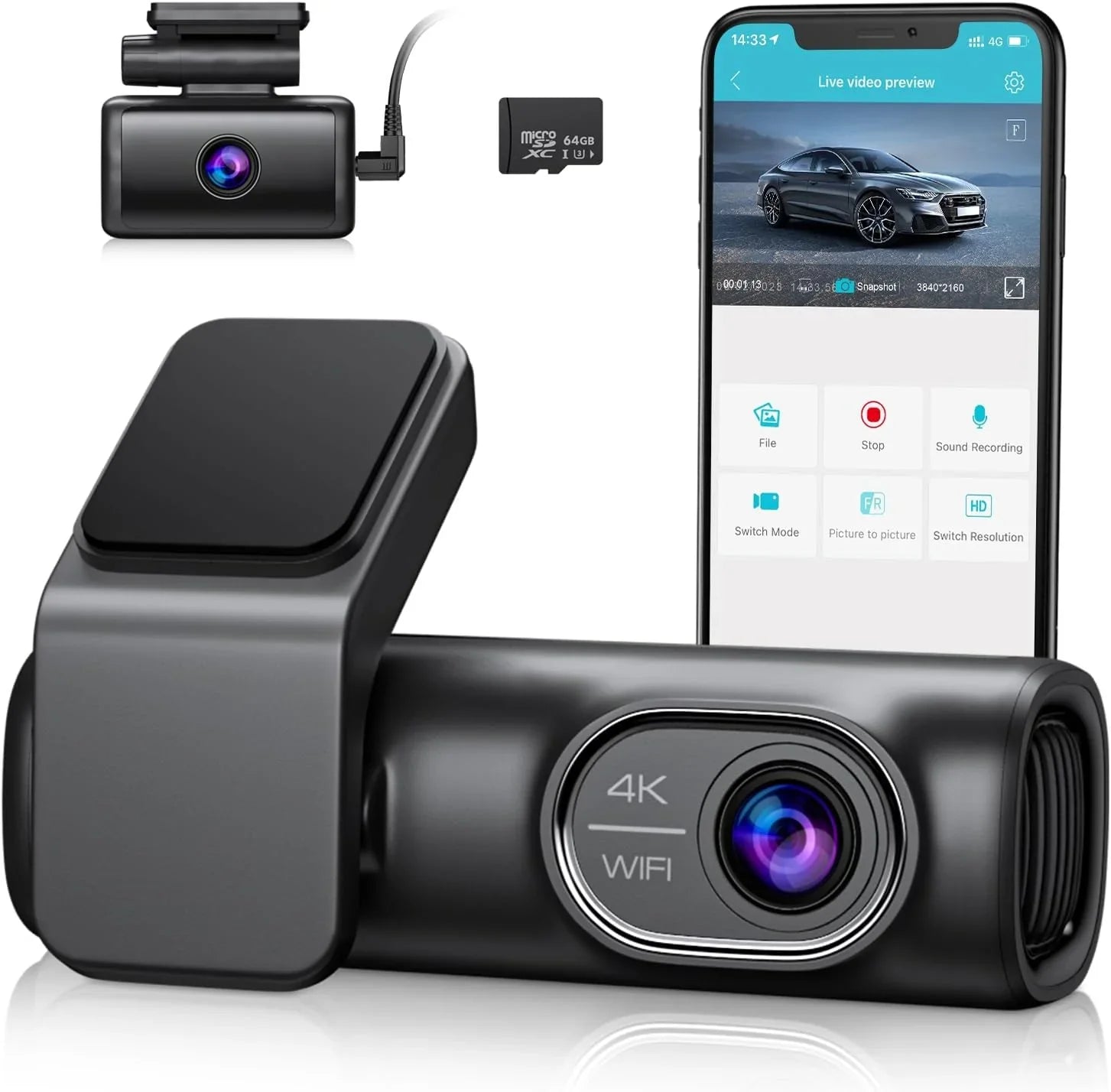 Cars 5G Dash Free Mode,170°Wide, Night for OMBAR Front WiFi Rear G-Sensor, and 24h SD 64G Cam Loop Card,WDR Vision, Recording, 4K/2K/1080P+1080P with APP GPS Parking