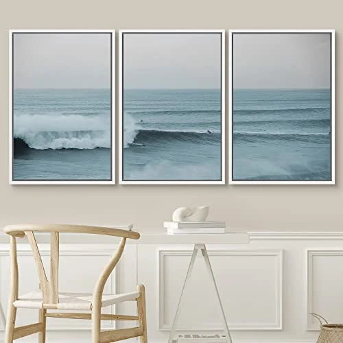 Room, Chic Set for Art White Nature Wide Surfers Wilderness Waves PixonSign Scenic Modern Wall - Rushing Modern Framed Ocean Living Angle Bedroom, and Office Photography Art 24"x36"x3