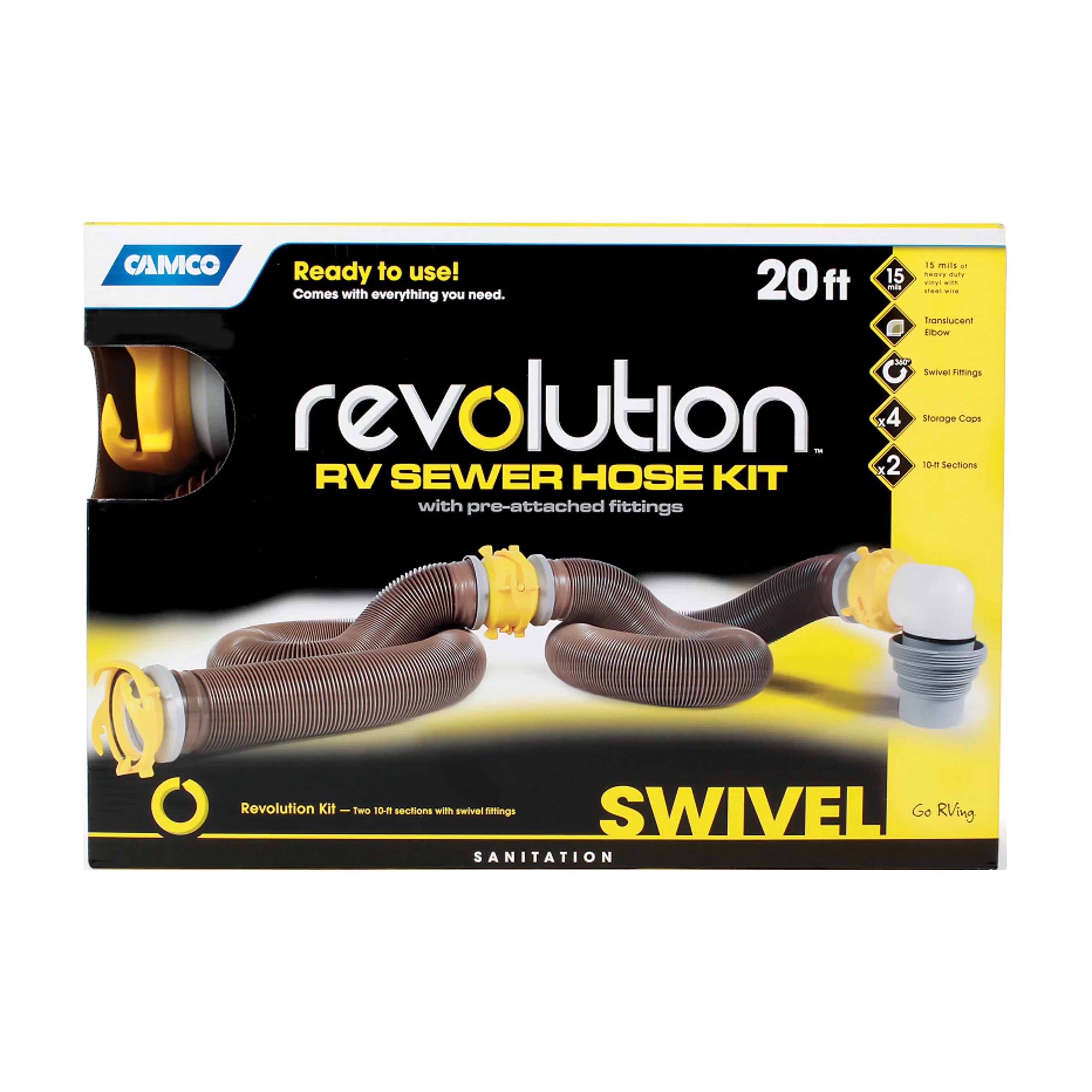 Multicolor Heavy-Duty Kit Hose Camper/RV (39628) Camco 20-Foot | Revolution HTS Sewer 360 Vinyl,