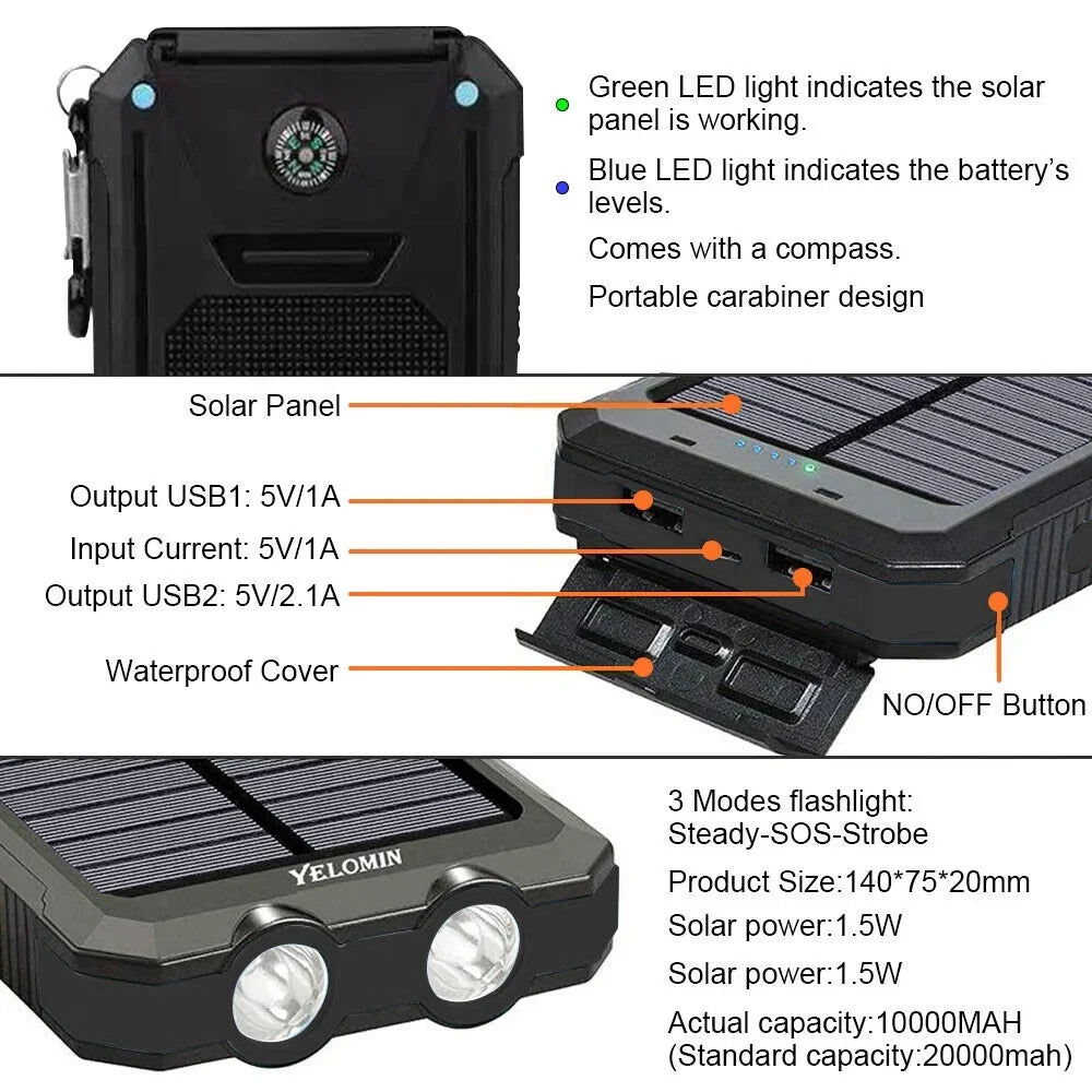Solar Portable Cell Black. Super for Bank 10000000mAh Phone, USB Power Charger