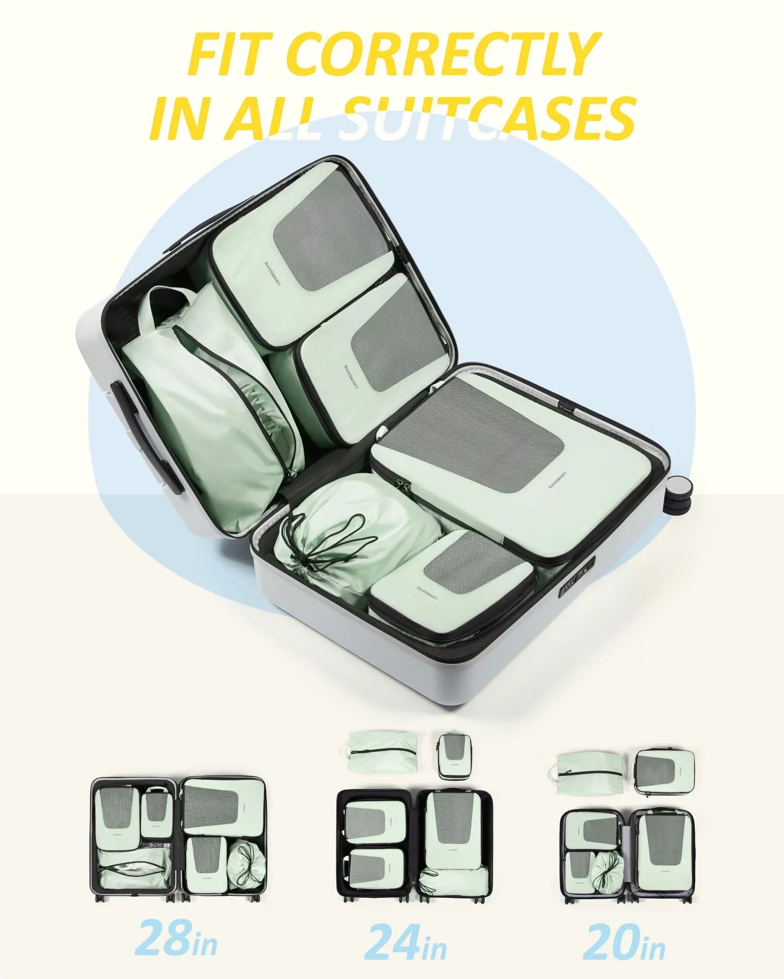 Expandable Storage Luggage Bags for Travel, Organizers Packing Packing 6 Cubes Travel Foldable Suitcase Lightweight Accessories, Pcs for BAGSMART Compression Green