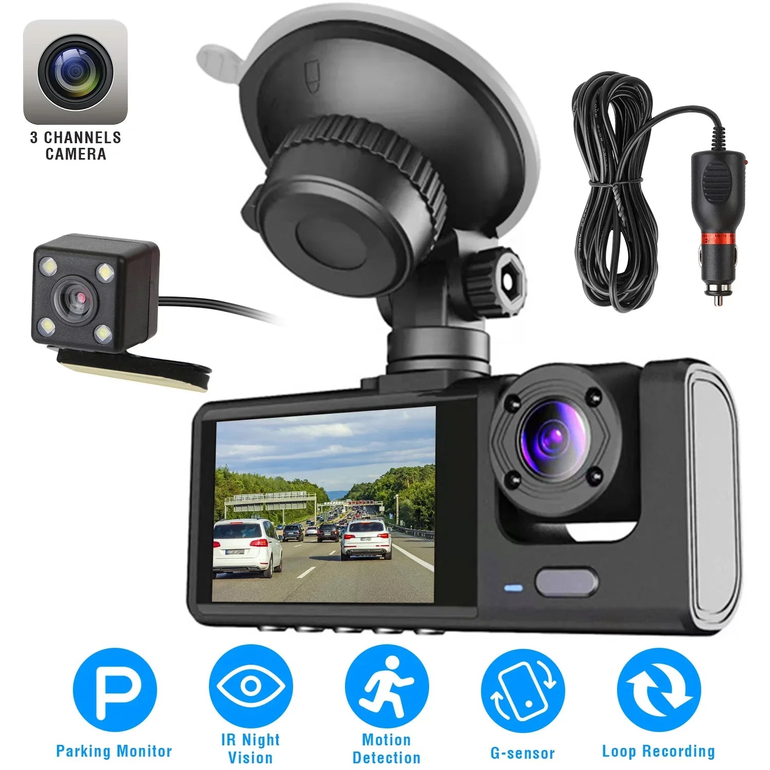 Dash Driving iMounTEK Front Cam Backup Dash Mode 1080P Video Vision, IR DVR Camera 3 Camera and Night G-Sensor, Car Cam, Recorder, Recorder, 3 Rear, Dashboard Inside Triple Way Parking Channel