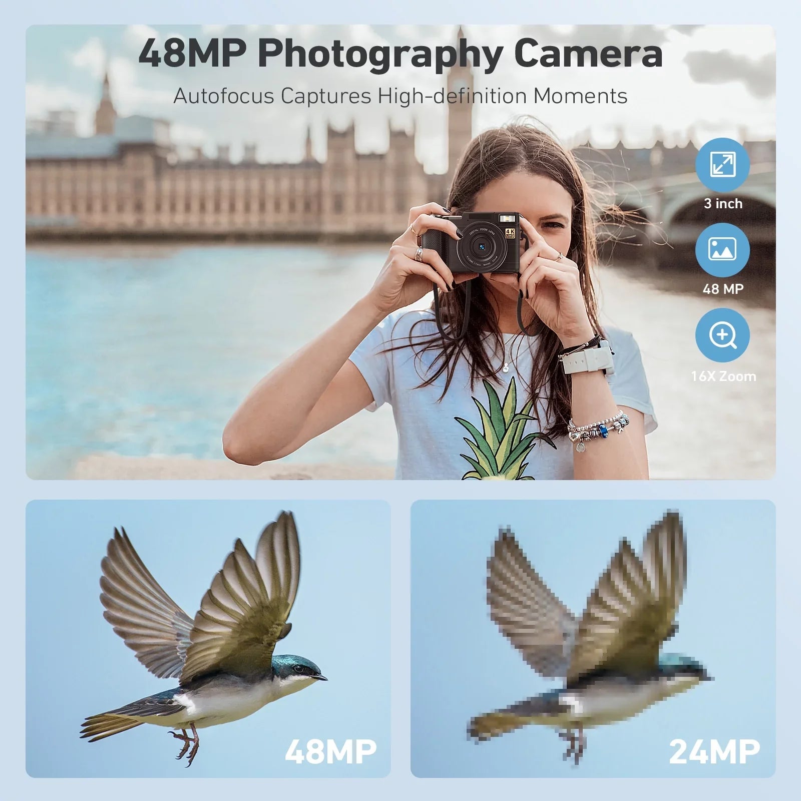 Flash, Camera Screen Digital for Photography MARVUE Function 48MP 3’’ Camera Liftable with Macro Camera YouTube Digital Zoom 180°Flip Vlogging 4K & 16X