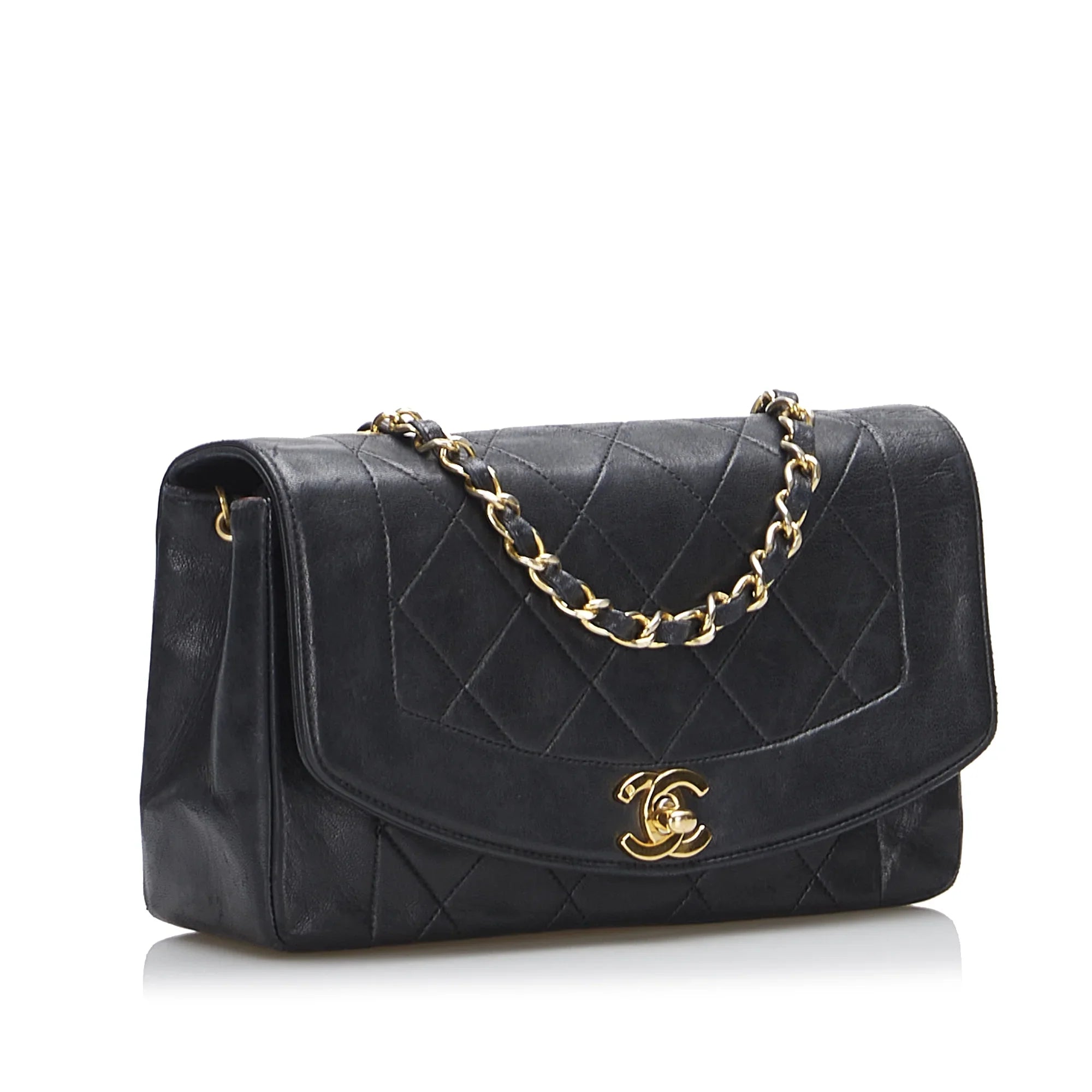 Pre-Owned Lambskin Unisex Authenticated Flap Chanel Diana Crossbody Small (Good) Black Leather Bag