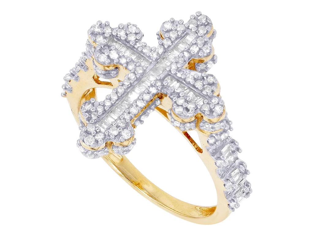 0.875 Ring 10K Baguette Yellow-White Gold Cross CT Diamond