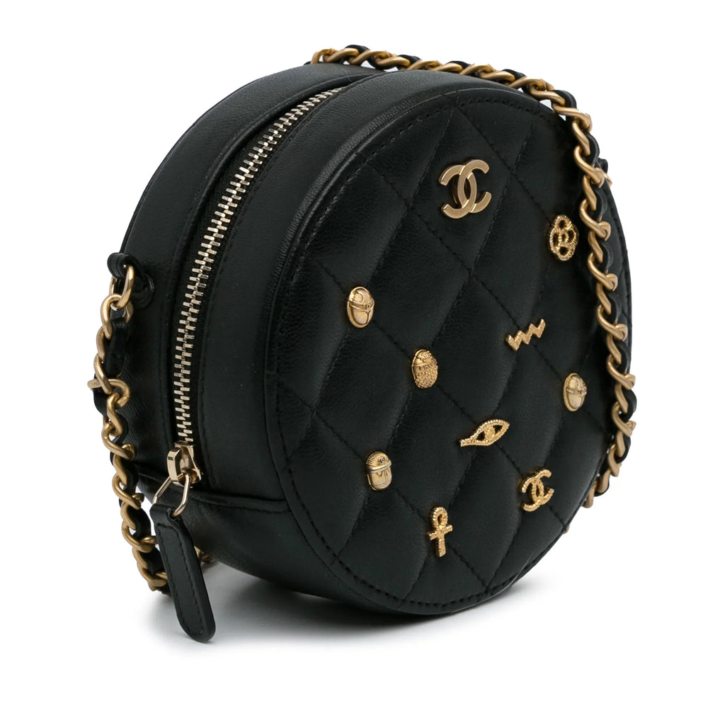 Bag Unisex Pre-Owned Leather Charms Lucky (Good) Chanel Lambskin Round Authenticated Black Crossbody