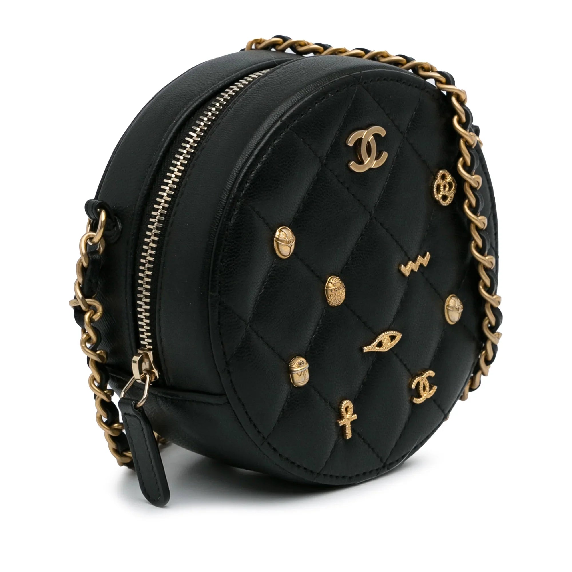 Bag Unisex Pre-Owned Leather Charms Lucky (Good) Chanel Lambskin Round Authenticated Black Crossbody