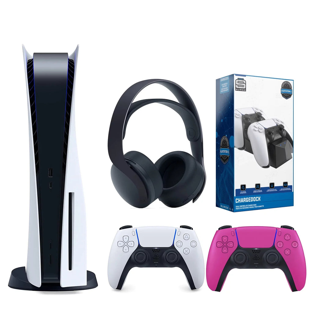 (Sony and Sony Nova Version Dual Charging Playstation Station Pink Controller, Disc) PS5 3D with Headset Extra Black PULSE 5 Disc Bundle